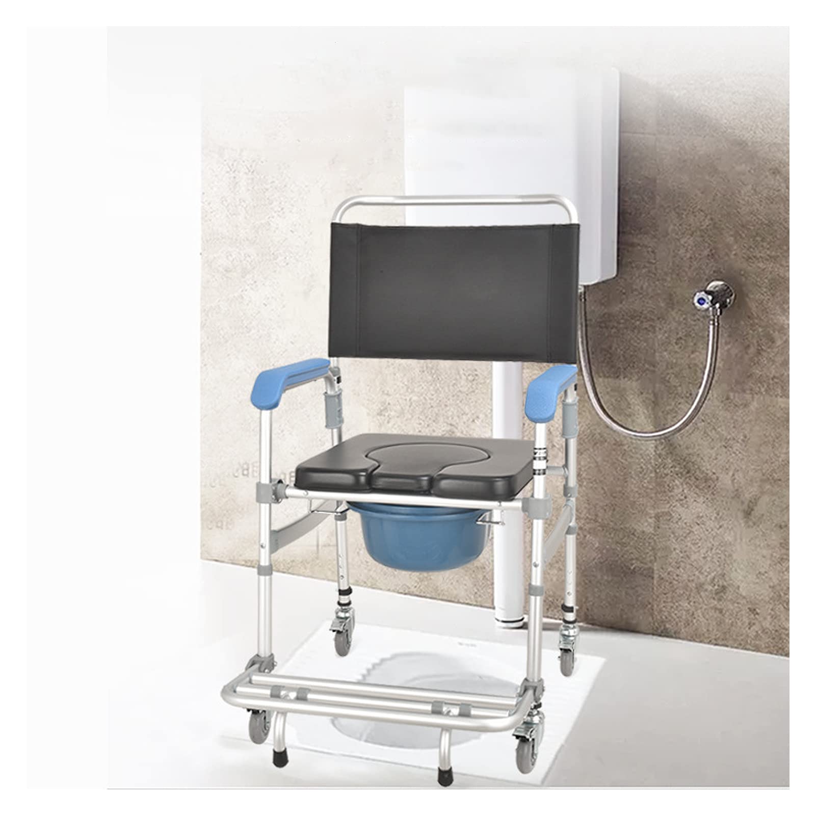 Sedia da Doccia Mobile 4 in 1 con Bloccaggi, Sedia A Rotelle Comoda, Sedia da Doccia Girevole con Altezza Regolabile E Braccioli 51-57 Cm, Carico Massimo 150 Kg/330 Libbre/Nero