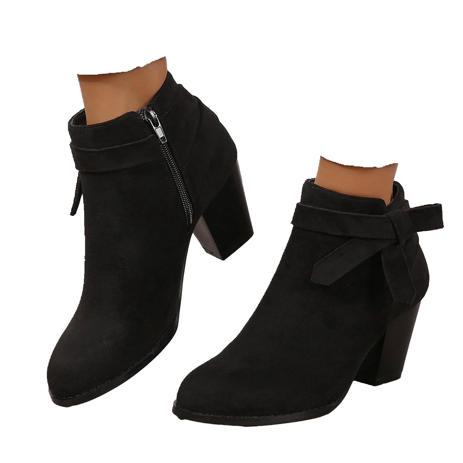 Womens Chelsea Pump Ankle Boots Closed Toe Stacked Heel Booties Faux Suede Chunky Block Heels Boots Side Zipper