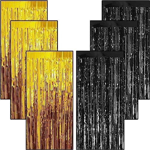 Image of 6 Pieces Foil Fringe Tinsel Party Curtains for Photo Backdrop (GOLD-BLACK) | Fringe Curtains for Decoration | Black and Gold Theme Birthday Decoration | Wedding Anniversary Decoration