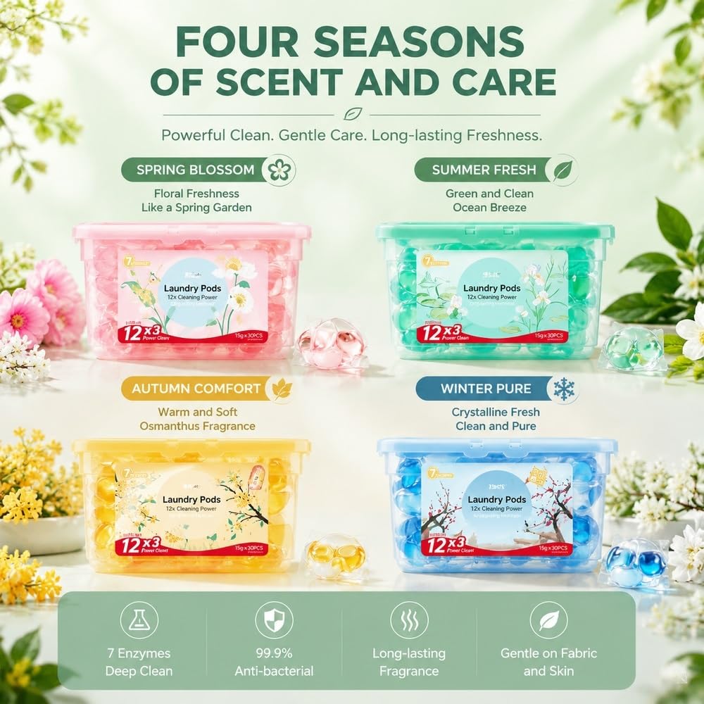 Capsule for bucato 4 stagioni, 7 enzimi vegetali e potente pulizia profonda | Pulizia profonda con 7 enzimi vegetali. 4 profumi stagionali unici, delicati e delicati su tutti i tessuti.(FrostPlumx4Boxes)