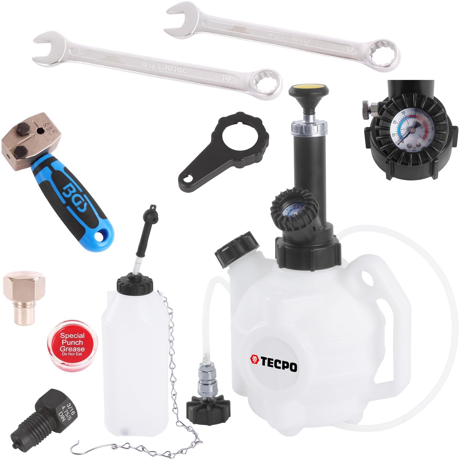 Dispositivo di sfiato dei freni, 4 l + 1 l + inserto per carrello da officina, DIN 4,75 mm (3/16")