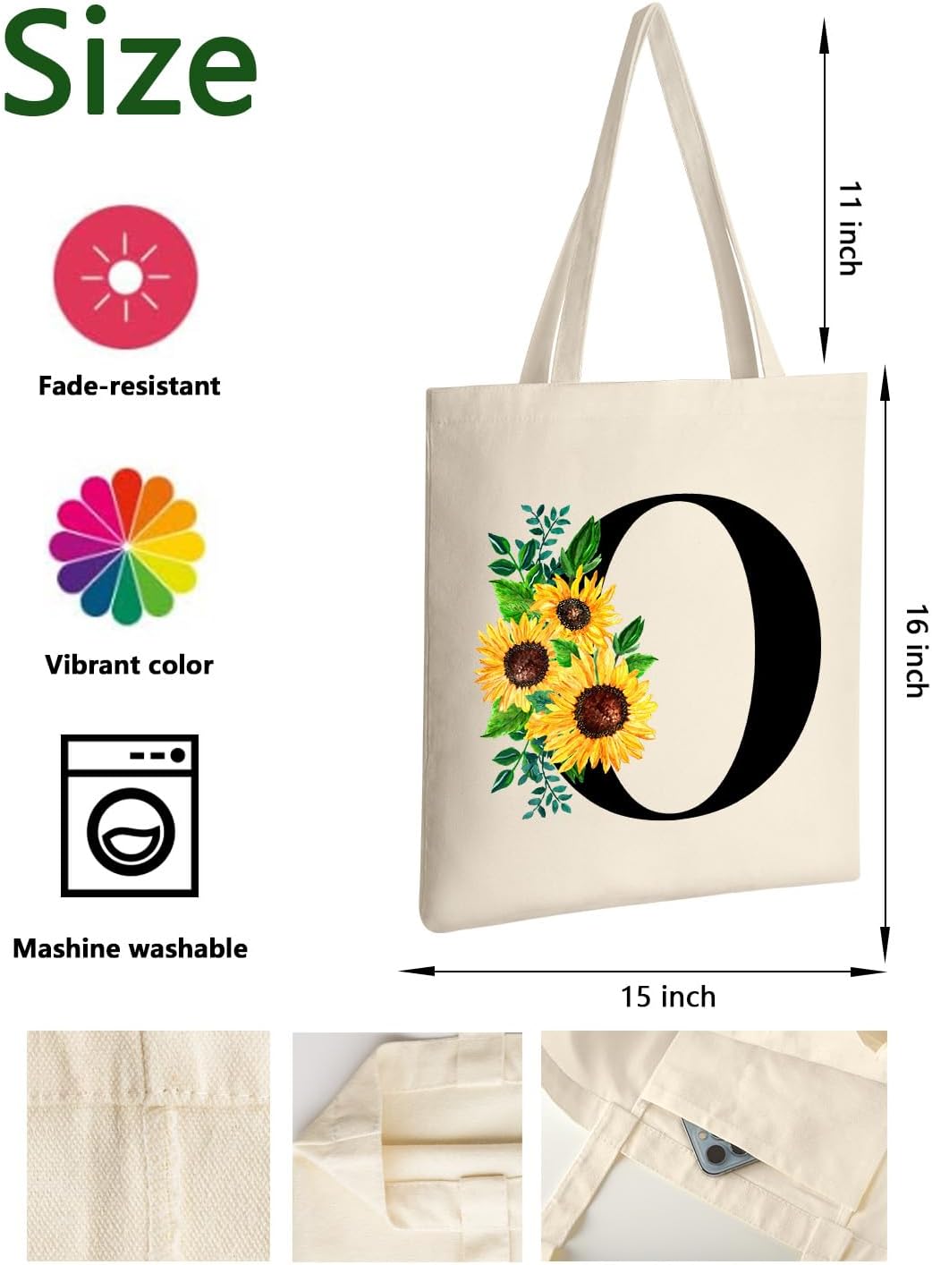 AUSVKAI Canvas Tote Bag Aesthetic for Women, Cute Sunflower Initial Trendy Monogram Personalized Initial Birthday Reusable Cloth Cotton Bags with Handle for Grocery College Shopping Beach - Image 3