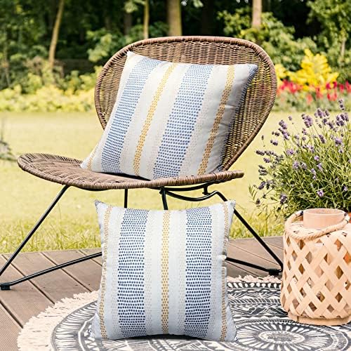 JYVNCZ Outdoor Pillow Covers Set of 2 Waterproof Square Decorative Throw Pillow Covers Farmhouse Striped Plaid for Patio Furniture Cushions Couch Tent Garden, 18x18 Inch Stripe 1
