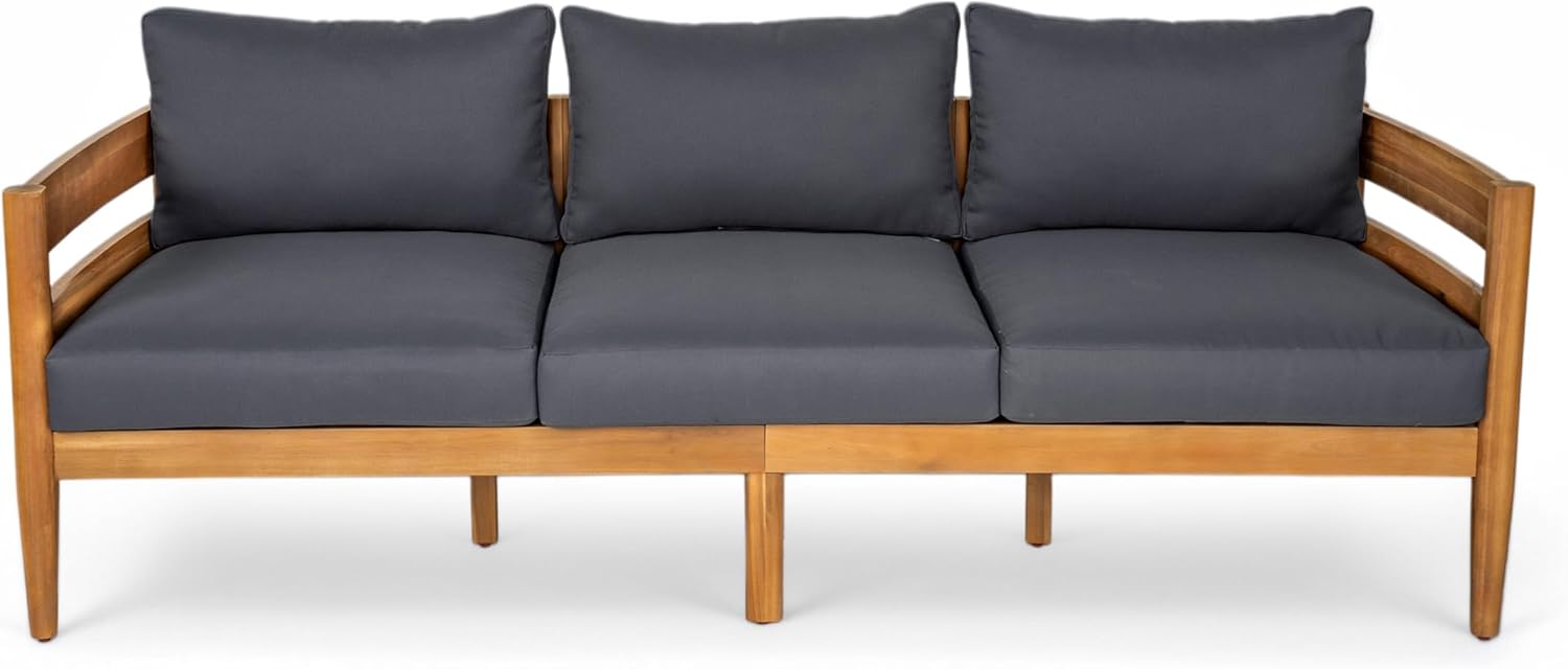 Christopher Knight Home Kavets 76.25'' W Outdoor 3 Seater Sofa with 5" Cushion, Acacia Wood Patio Sofa, Modern Slat Panel Bench, Spacious Seating Couch for Backyard Garden Porch, Light Teak+Dark Gray