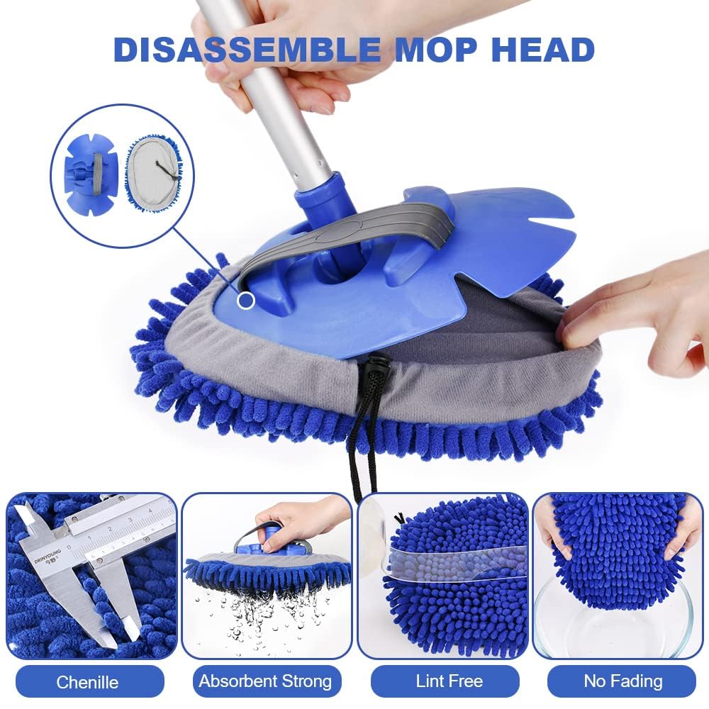 URAQT 160 cm Spazzola di Pulizia per Lavaggio Auto con Manico Lungo, 3 in 1 Spazzola Lavaggio Auto in Microfibra, Versatile Spazzola Auto, Senza Graffi Pulisci Professionale Cura (2 x Teste per Mocio)