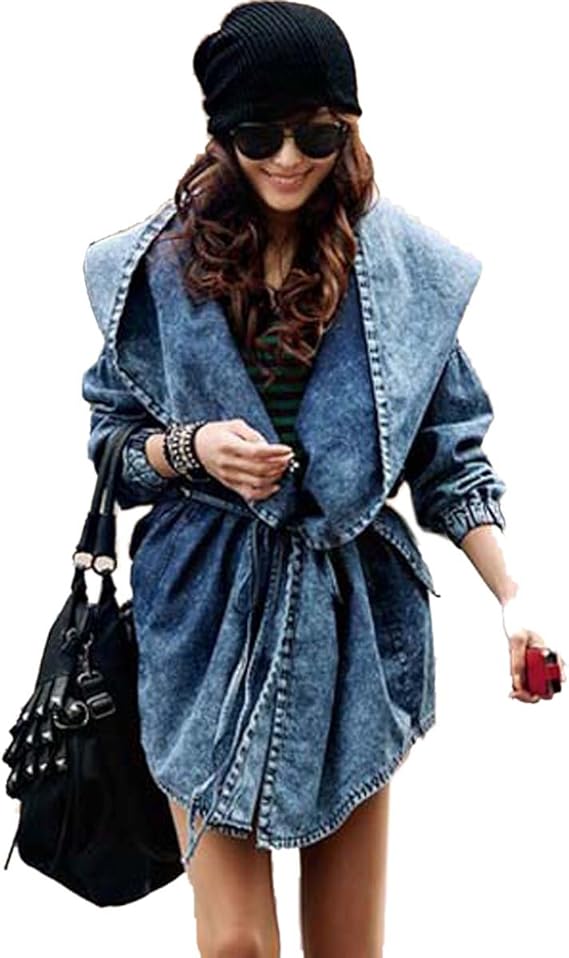 New Women Cool Denim Hoodie Long Jacket Hooded Jean Trench Coat