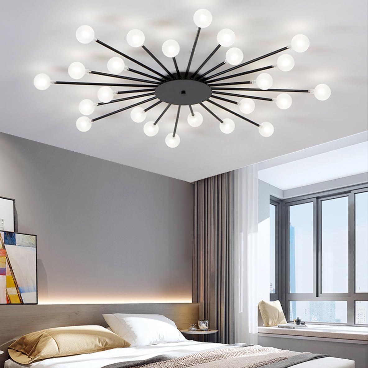 Linear Sputnik Semi-Flush Mount Modern Ceiling Light Gold Mid-Century Ceiling Light Fixture for Living Room Bedroom, 24 Heads Frosted Glass Shade