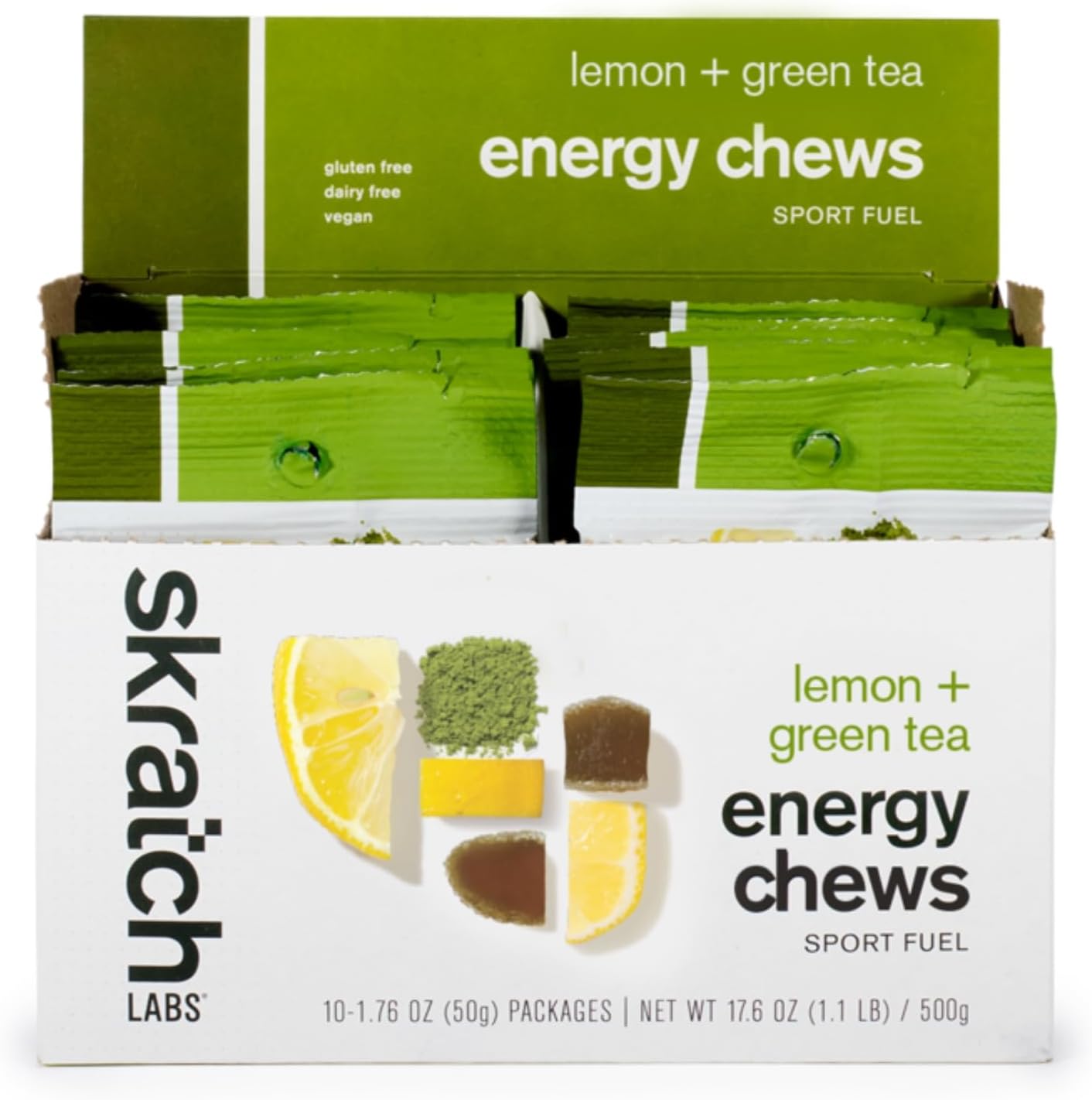 Skratch Labs Energy Chews | Gummies for Running, Cycling, and Sports Performance | Gel Alternative | Matcha + Lemon (10 Pack) | Gluten Free, Vegan