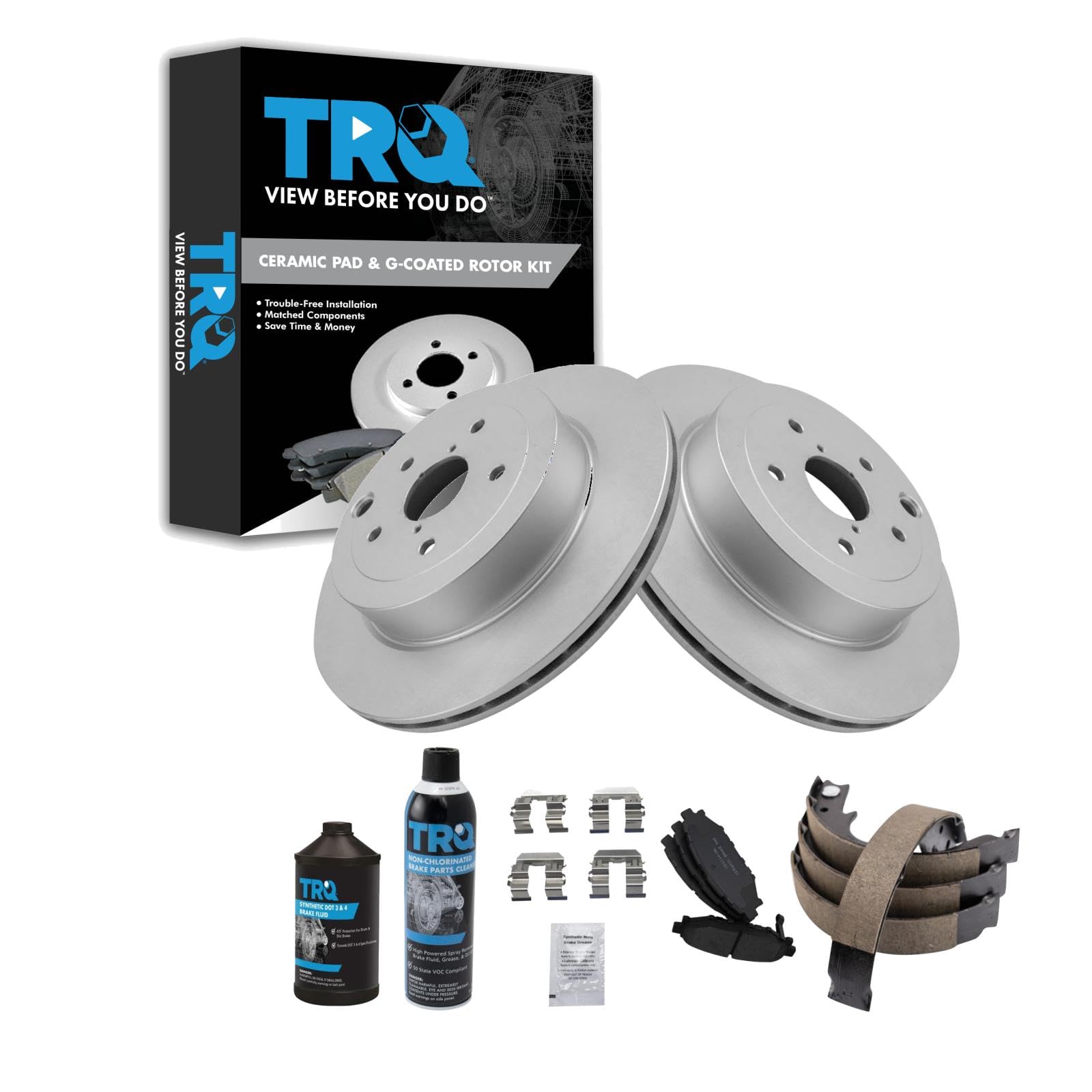 TRQ Rear Brake Pad &amp; Rotor Kit, with Chemical Kit Parking Brake Shoe Set Ceramic Premium G-Coated Compatible with 2008-2013 Subaru Impreza