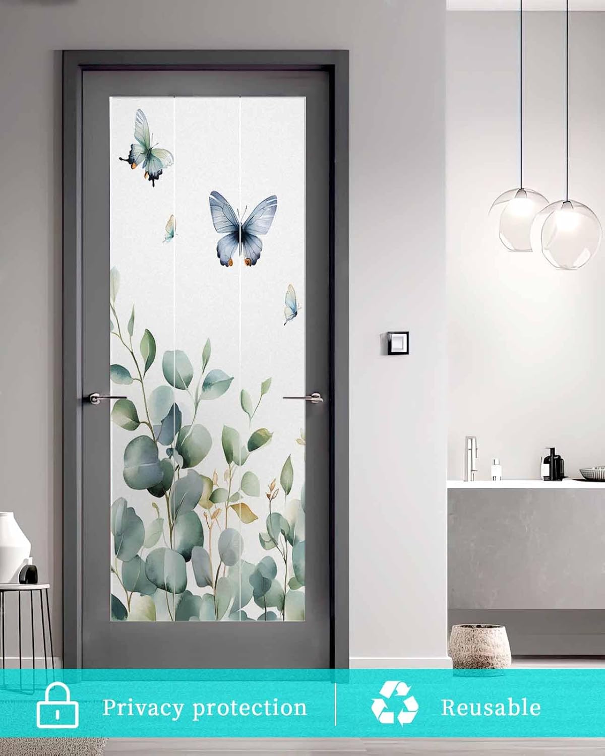 Sage Green Window Privacy Film Stained Glass Window Film Decorative Window Cover Static Window Cling for Glass Door Spring Eucalyptus Leaf Butterfly White Window Stickers for Bathroom 29.5"x78.7"