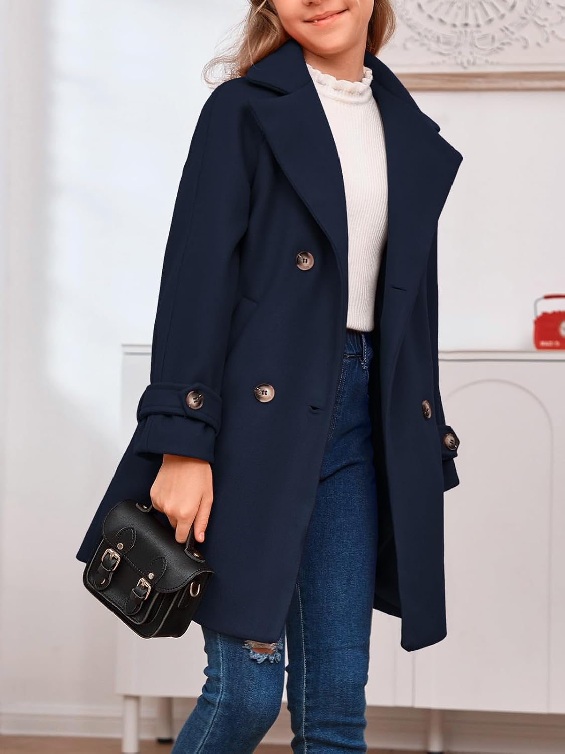 rrhss Girls Wool Blend Coat Double Breasted Classic Jacket Spring Fall Outwear Dress Coats With Pockets - Image 5