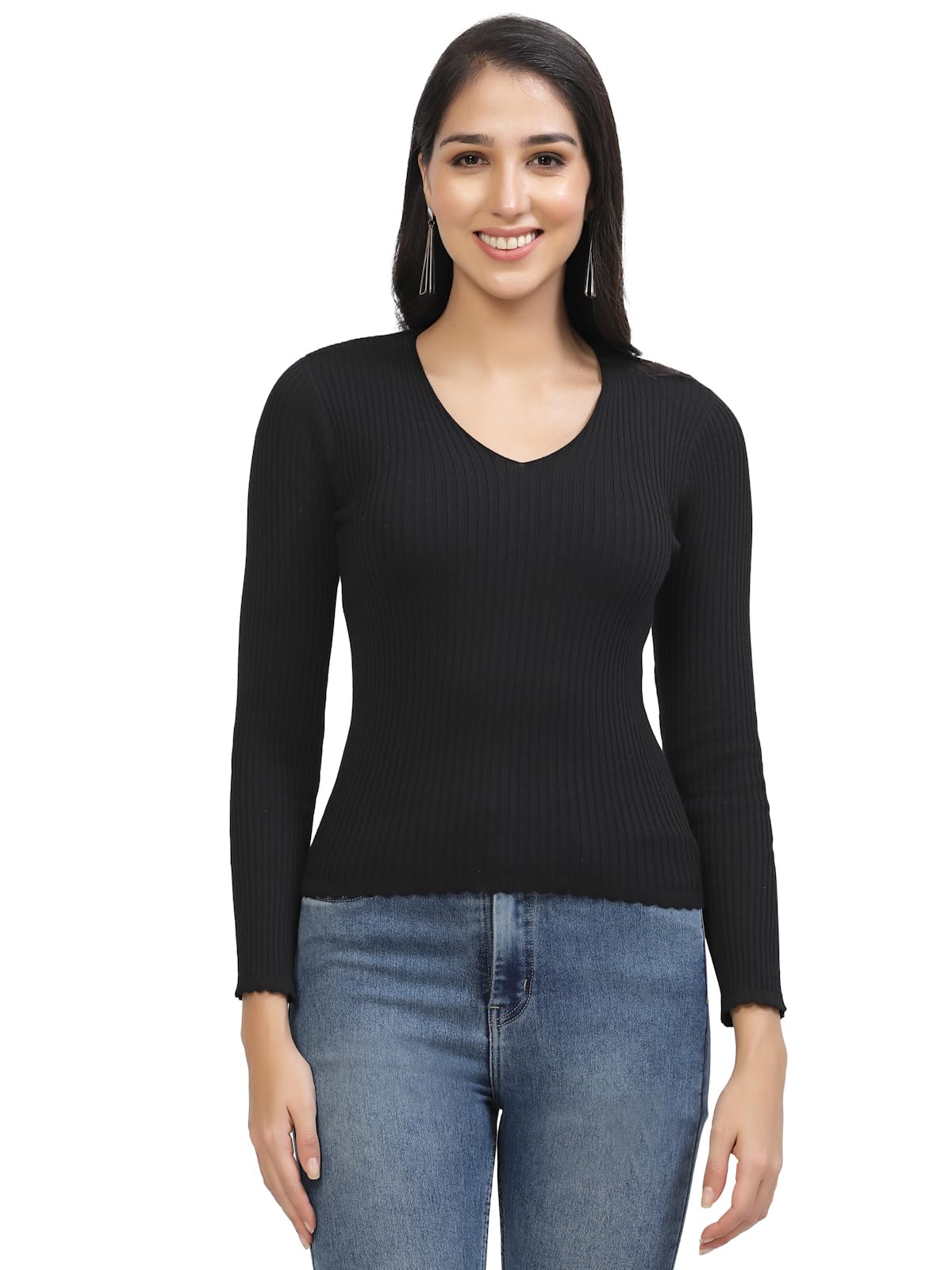 Women's Full Sleeves V-Neck Ribbed Sweater