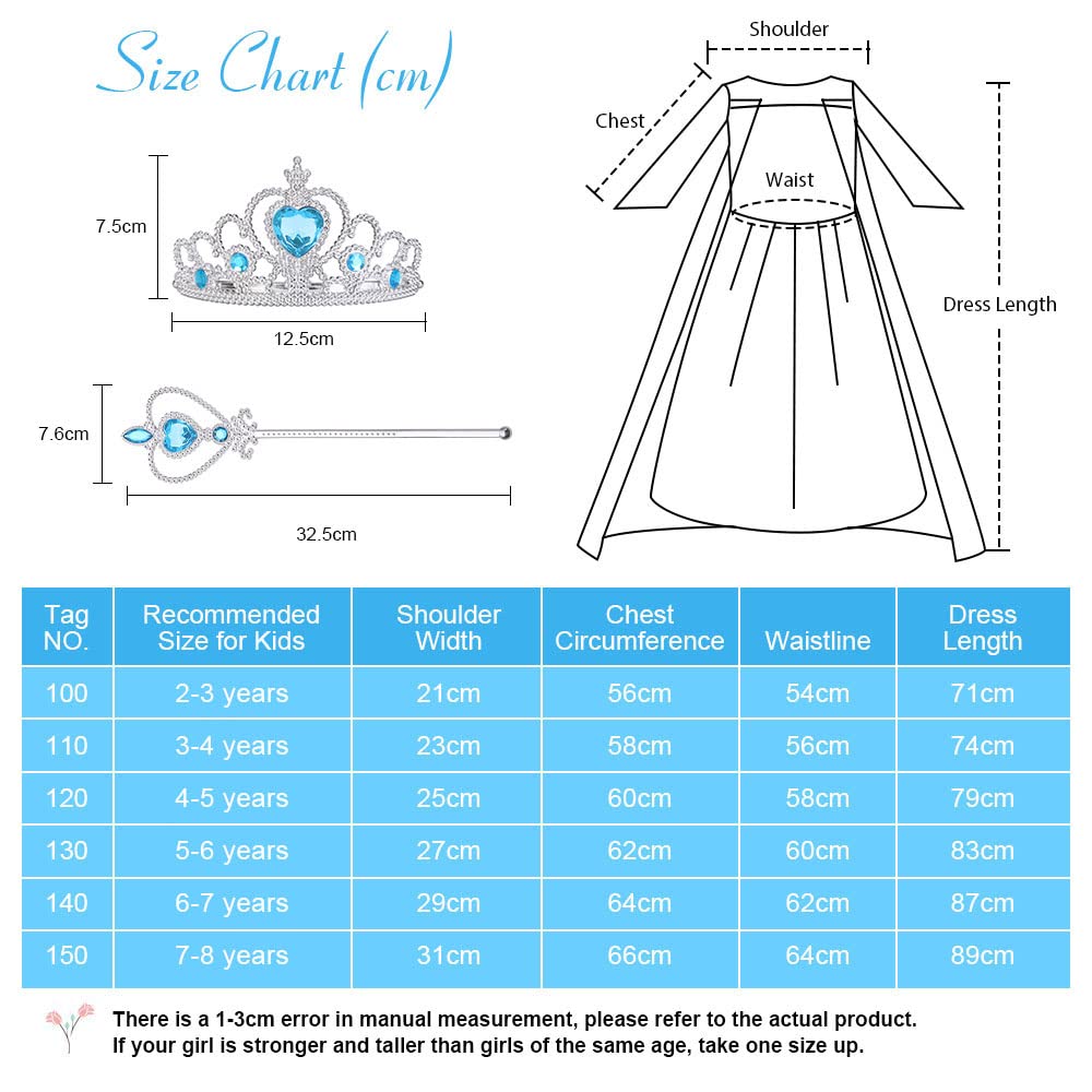 Vicloon Elsa Costume, Principessa Belle Costume, Set da Principessa Elsa Corona Bacchetta Guanti Treccia,Ragazze Elsa Principessa delle Neve Abiti Partito Vestito Costume, Cosplay Party Halloween