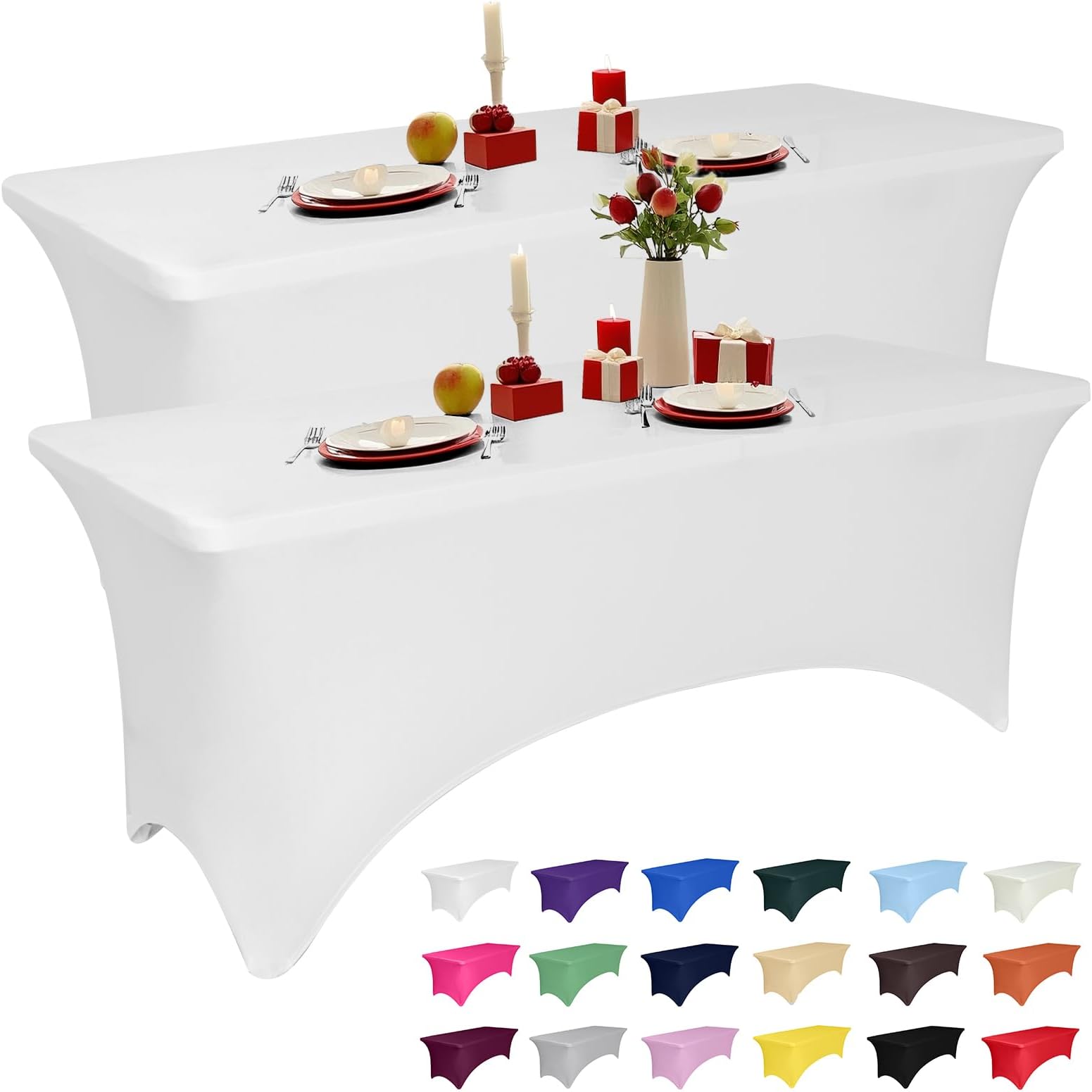 2 Pack 8 Feet White Spandex Tablecloth for Rectangular Tables, Fitted & Stretch, Washable, Wrinkle Resistant, Perfect for Event, Wedding, Party, Banquet, Cocktail, Festival, and Table Protector