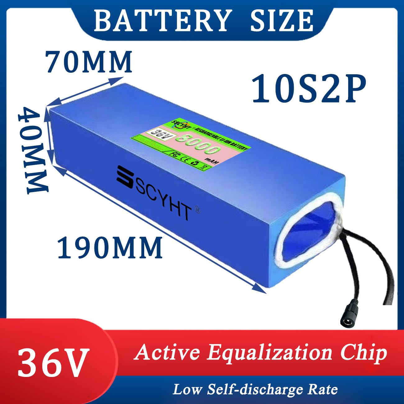 36 Volt Lithium-Ionen-Akku, 36 V, 12 Ah, 6 Ah, 8 Ah, 10 Ah, Lithium-Batterie, 36 V, wiederaufladbarer Akku mit Ladegerät und PVC-Hülle für 200 W – 450 W Motor-Kit,36v8ah Anderson