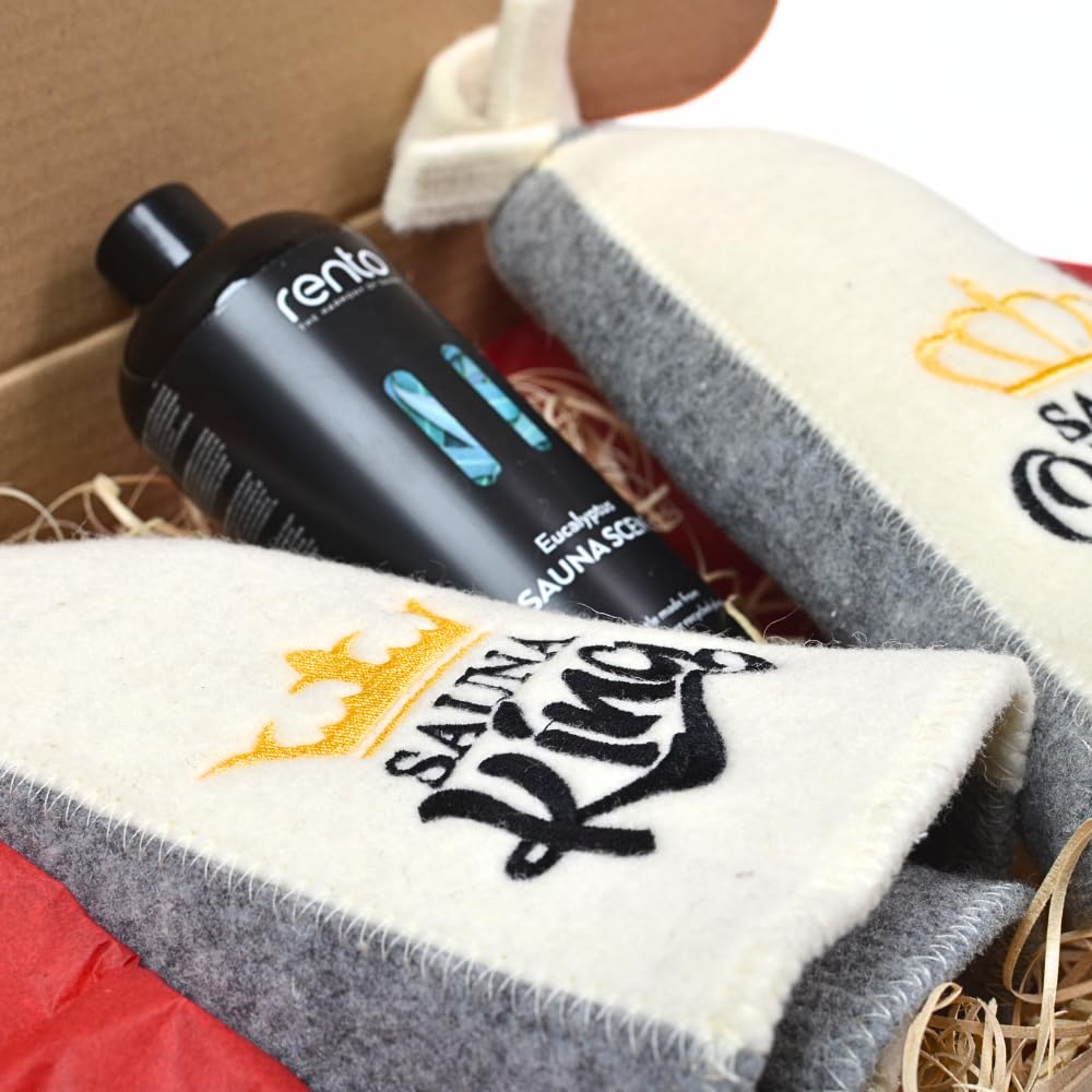 Sauna Geschenkset „Sauna King & Queen“ – 2x Saunahut aus 100% Wollfilz + Eukalyptus Saunaaufguss – Luxus Sauna Set für Zwei – Saunazubehör & Geschenkidee für Sauna Liebhaber, Wellness & Entspannung
