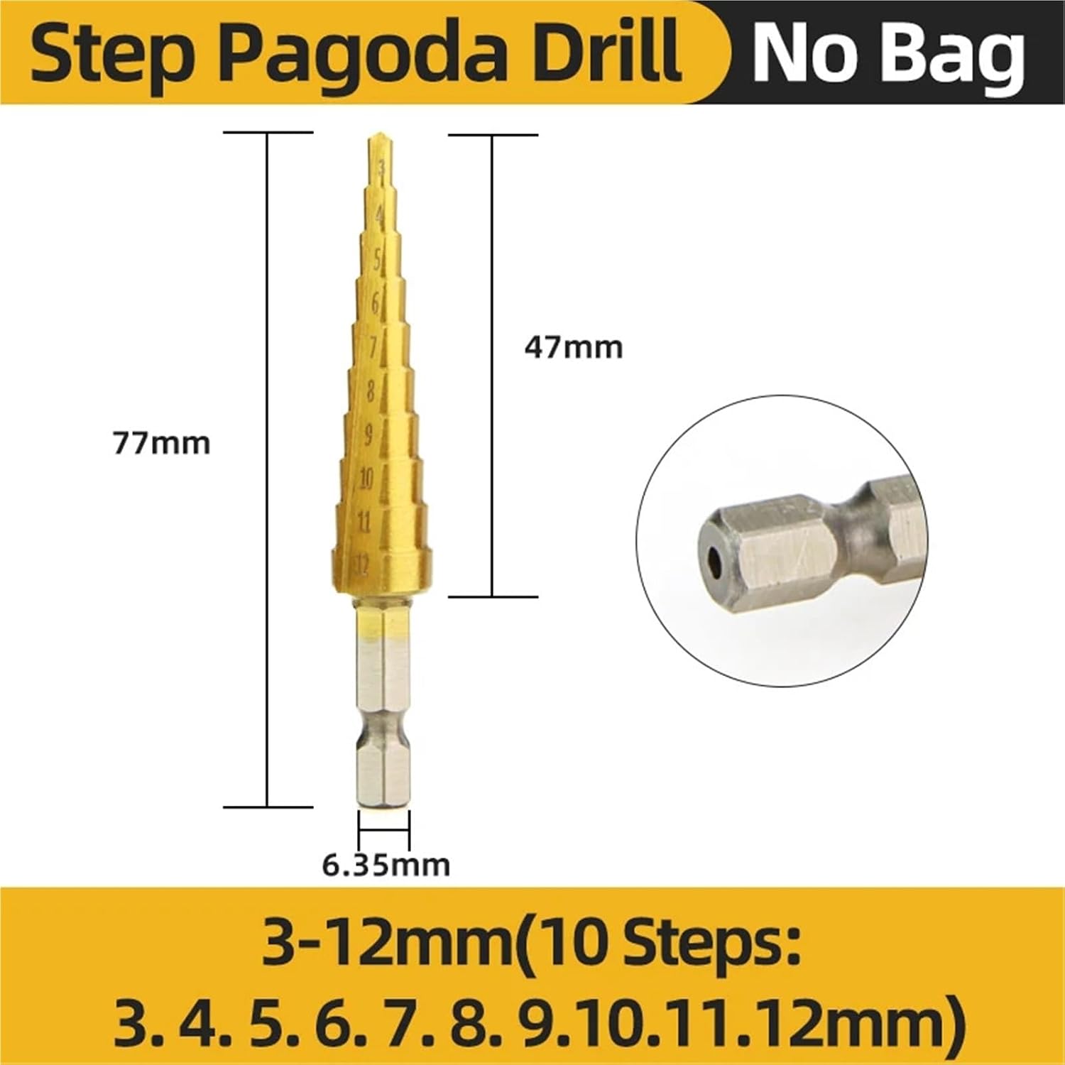 3-12 4-12mm HSS Step Pagoda Drill Bit Conical Stage for Metal Wood High Speed Stepped Drills Power Tools 1Pcs(3-12)