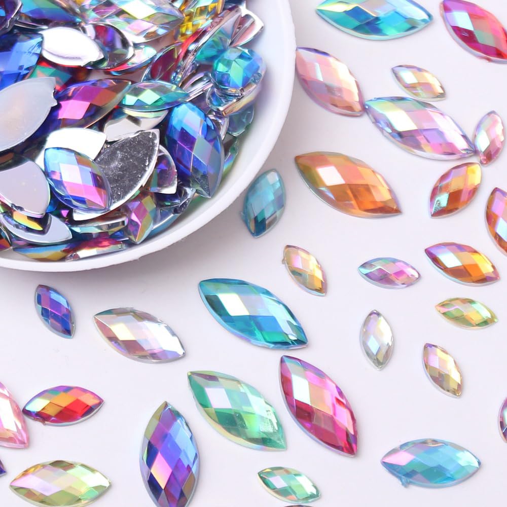 Diamantes de imitación coloridos con parte trasera plana, 900 tamaños mixtos (8 mm, 10 mm, 12 mm, 15 mm, 5 mm, 6 mm) – Ojo de caballo y formas redondas – Material de resina – Perfecto para