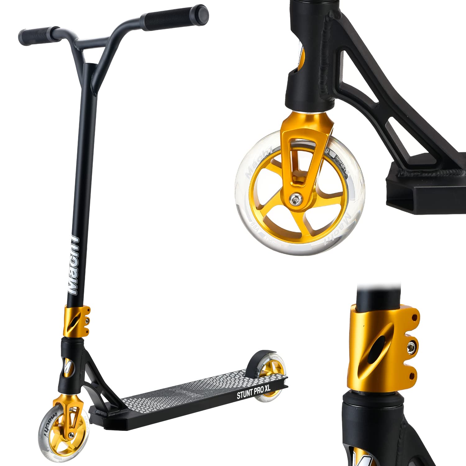 Mach1 Stunt Scooter Kierownica 360° – kółka 120 mm z aluminiowym rdzeniem i łożyskami kulkowymi ABEC 9, hulajnoga, kickscooter, Fun Stunts Trick Roller dla dzieci od 6 lat (czarno-złota z przezroczystymi kółkami)
