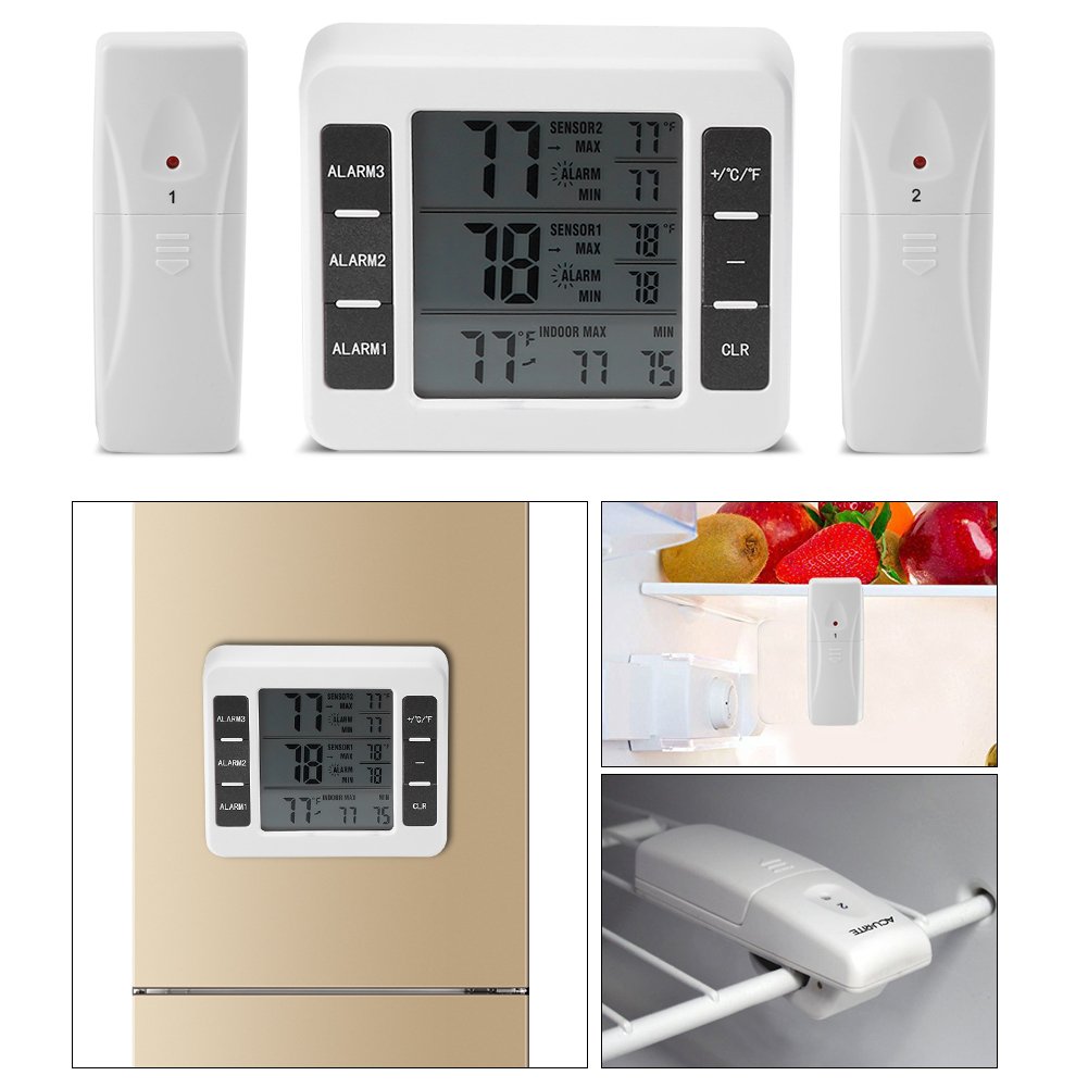 Digital Freezer Therometer, Audible Alarm Refrigerater Therometer with 2Pcs Sensor and LED Screen Display and a Adjustable Hook,White