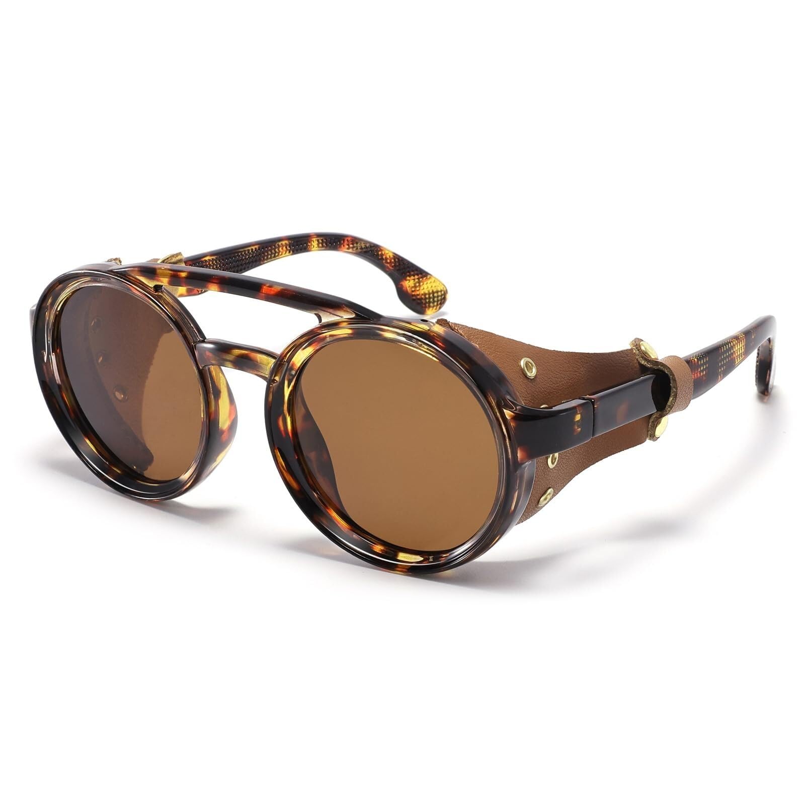 XIOVGRIOKK Unisex vintage polarized round steampunk sunglasses featuring leather side shields and a double-bridge design(Tortoise)