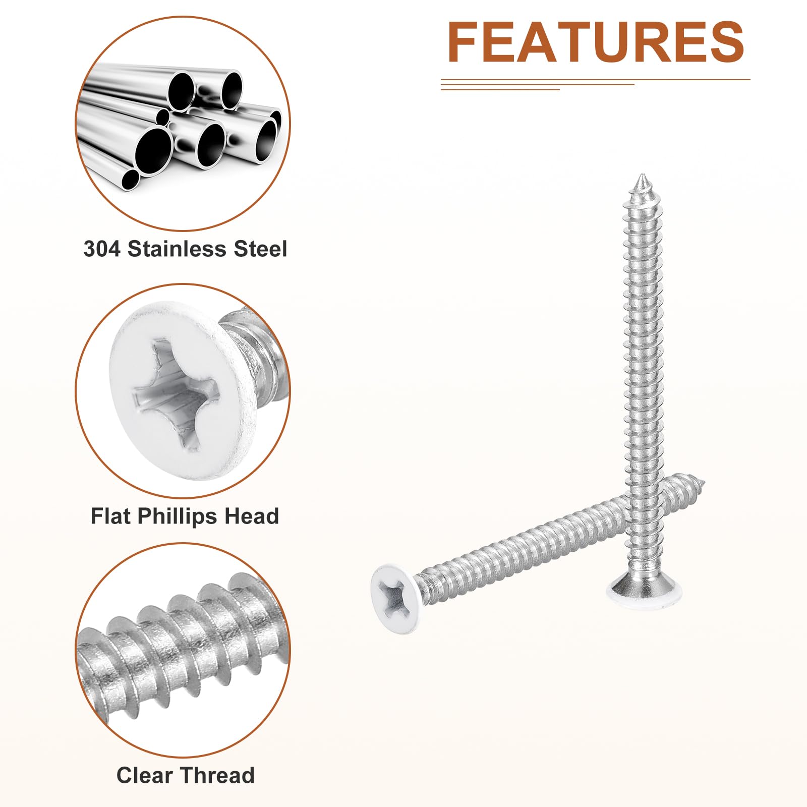 DTGN 50Pcs #12x2-1/2" Flat Head Wood Screws, 304 Stainless Steel White Phillips Self Tapping Screws - Image 4