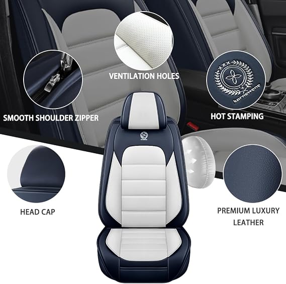 5-Seats Car Seat Covers for Genesis G80 2017-2024 Leather Auto Vehicle Seat Covers Excellent Quality Car Seat Cover,Waterproof Wear-Resistant Seat Cover Airbag Compatible(White&Blue-Luxury)