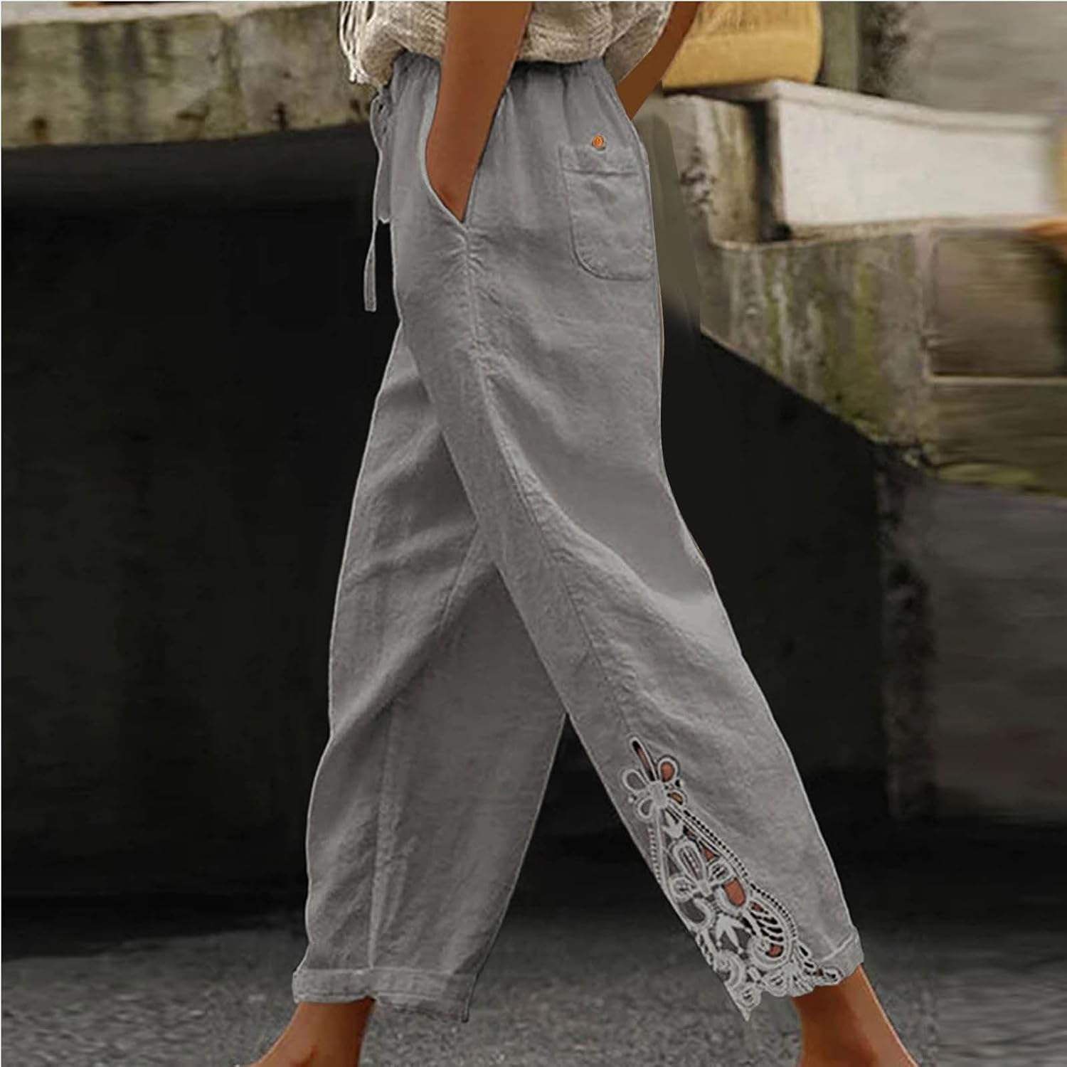 Linen Pants Women 2026 Fahion Lightweiht Loose Capri Pant Lace Casual High Waist Trousers Summer Capris with Pocket