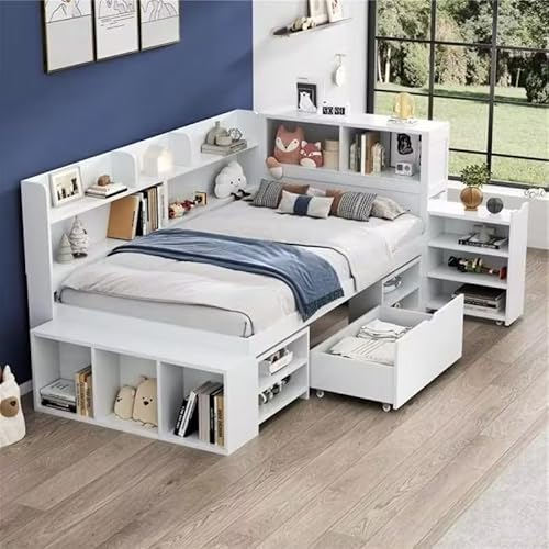 BTM Single Bed with Drawers, Bookcase and Storage Cupboard, Single Bed, Multifunctional Bed with Storage Headboard for Kids, 3ft-90x190cm, No Mattress
