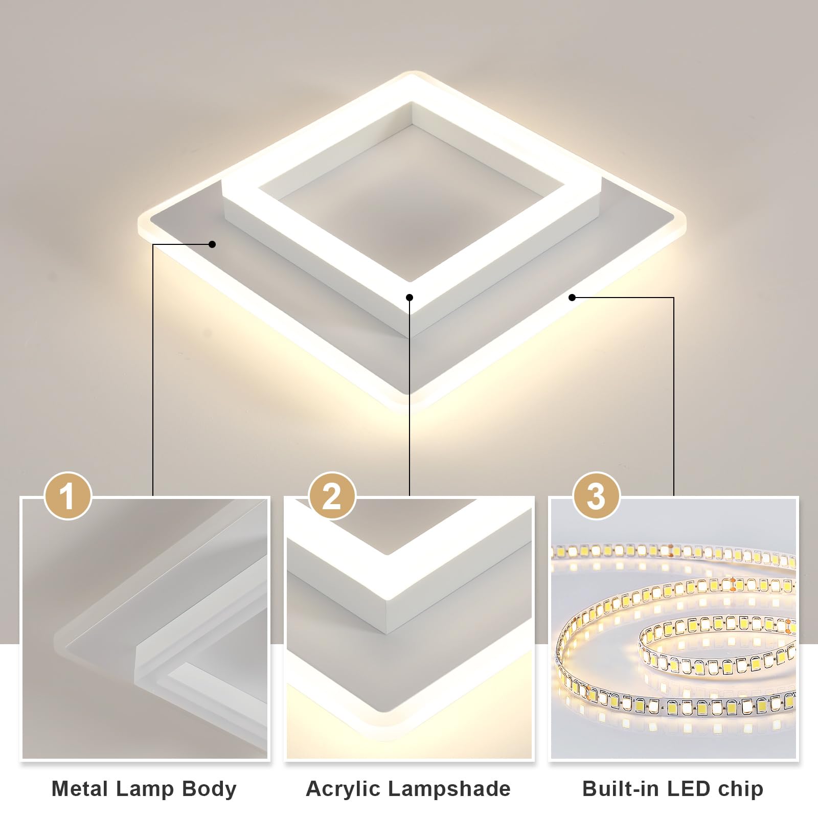 DELIPOP Plafoniera LED Soffitto Moderna, 30W Lampada da Soffitto Luce Naturale 4500K, Lampadario LED Quadrata in Acrilico per Soggiorno, Camera da letto, Cucina, Corridoio, Bianco