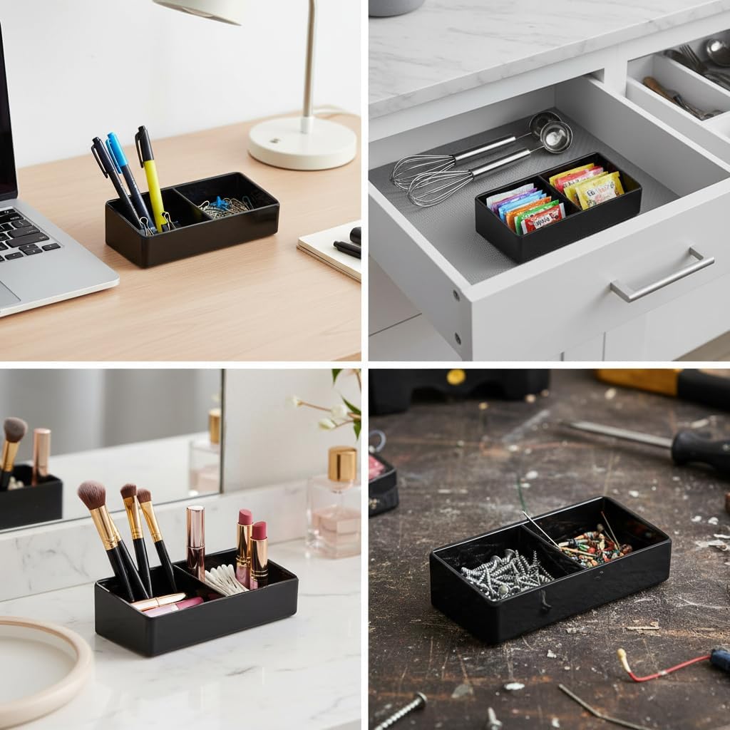 Angoily Coffee Station Organizer for Countertop,2-Grid PVC Tea Bag and Sugar Packet Holder, Sweetener Storage Box for Office Kitchen Drawer, Black
