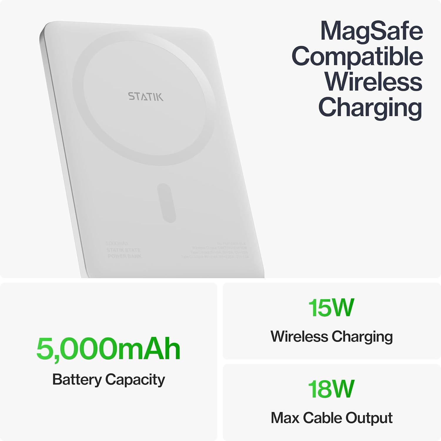 Statik State - MagSafe Compatible Power Bank, Portable Charger, Portable Battery Charger with USB C Port for All Devices, Rechargeable Powerbank, 5000mAh Battery Pack, White