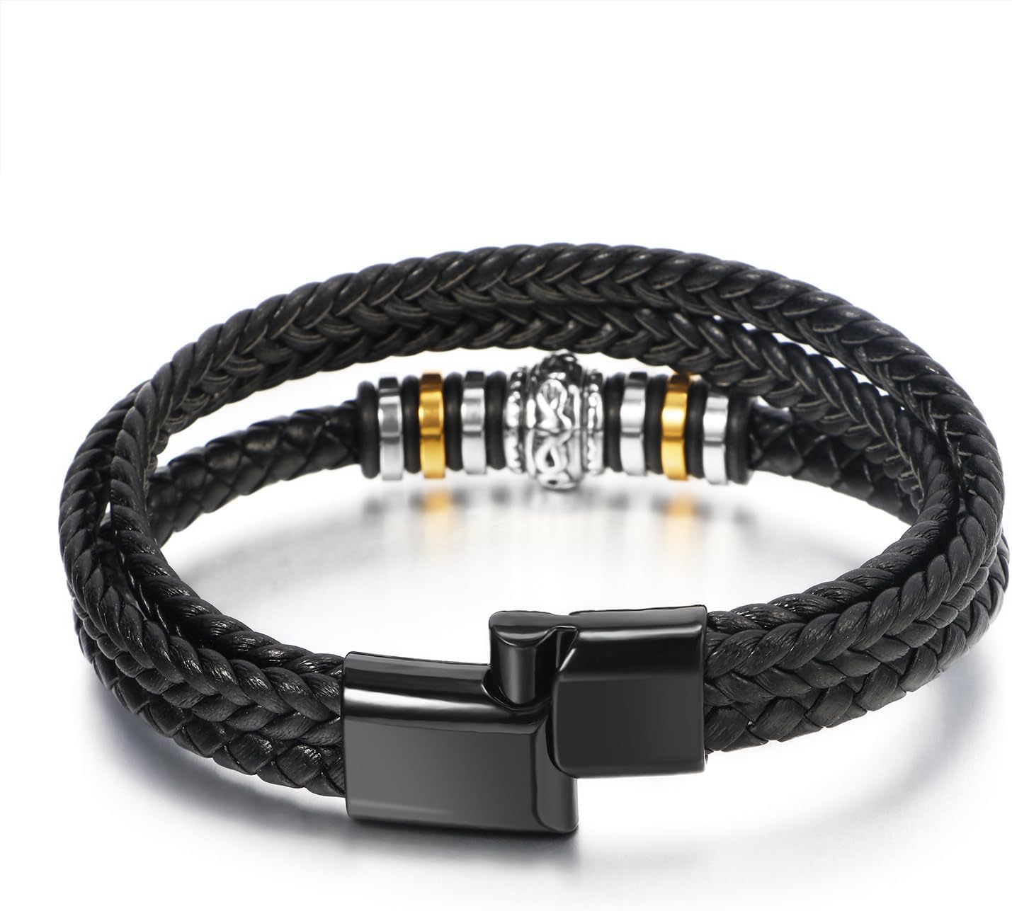 To My Son/Grandson Bracelet From Mom Grandmother, Forever Linked Together Black Braided Leather Infinity Knot Inspirational Bracelets Engraved Love You Forever Birthday Gift Jewelry