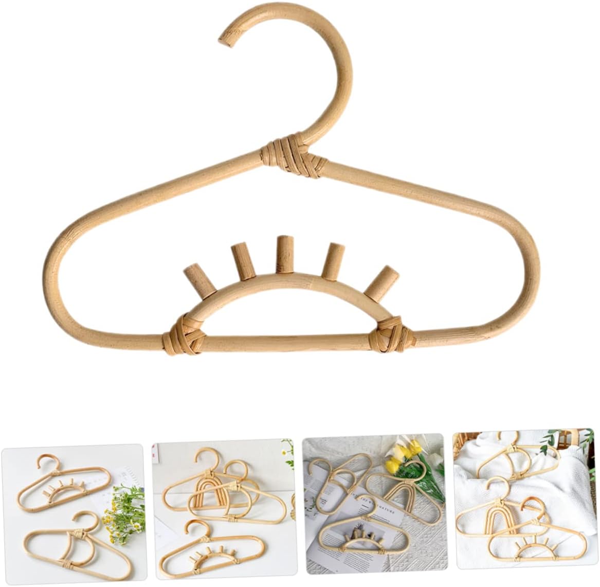 Cabilock Rattan Clothes Hanger Rainbow Design Smooth Finish Nursery Clothes Organizer Natural Material for Childrens Wardrobe and Closet Storage
