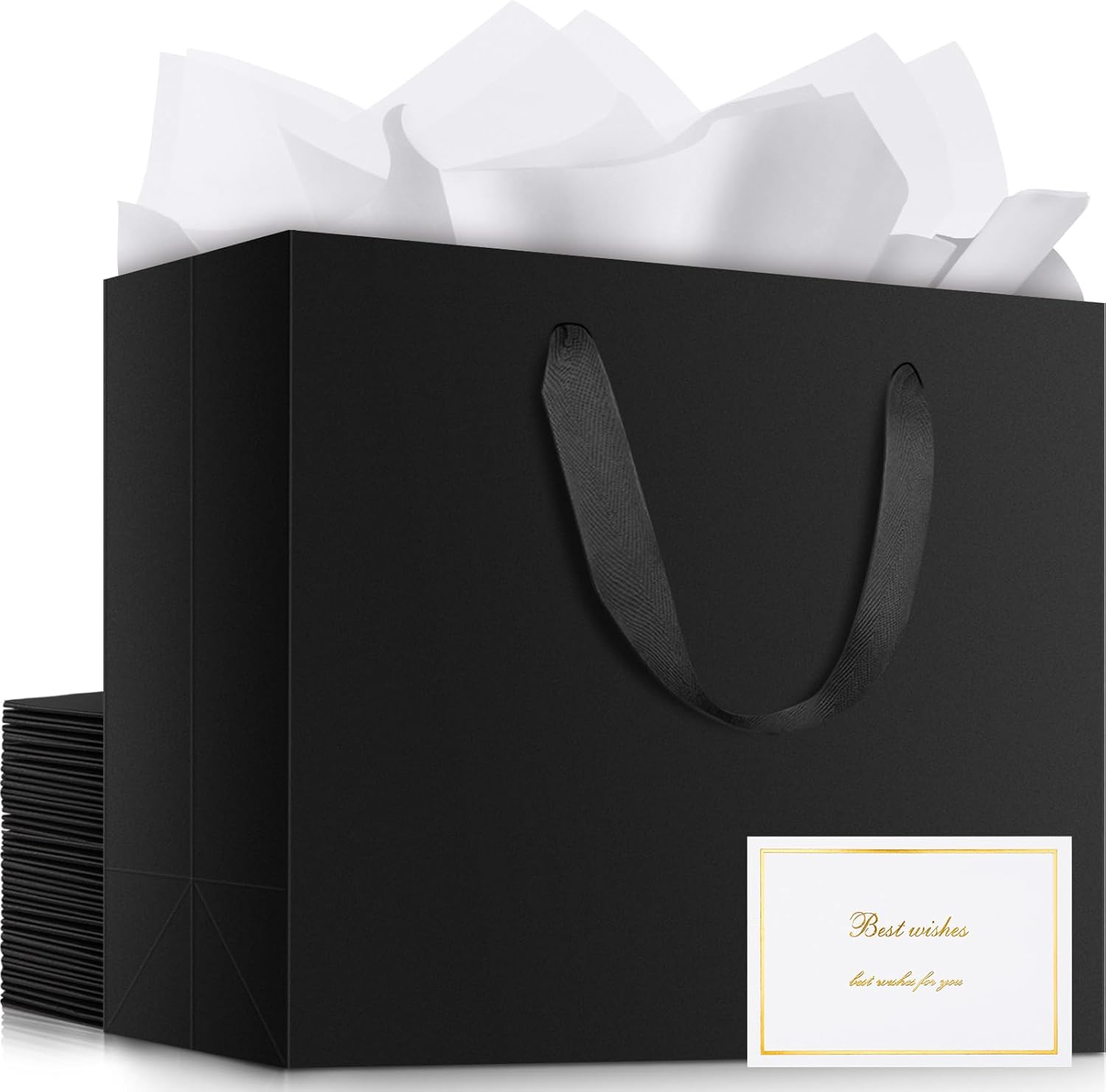 EUSOAR Large Gift Bag, 20pcs 16"x6"x12" Black Kraft Paper Shopping Bags with Handles Thank You Welcome Bags with 50pcs 20"x30" Black Tissue Paper and 20pcs White/Gold Cards for Party Favor Wedding