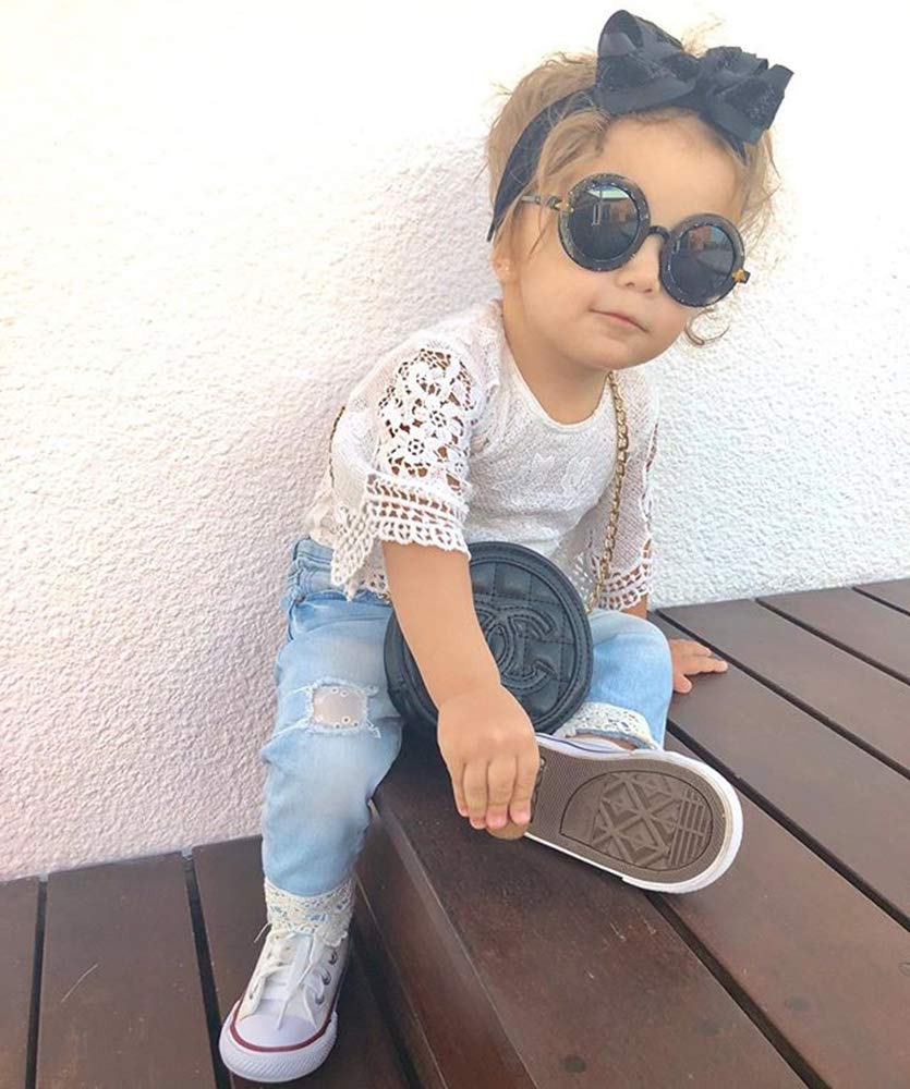 Baby Girl Fall Outfits Lace Onesie Romper Long Sleeve Top and Ripped Jeans Winter Clothes for Toddler Infant (12-18 Months,Lace Romper+Jeans)