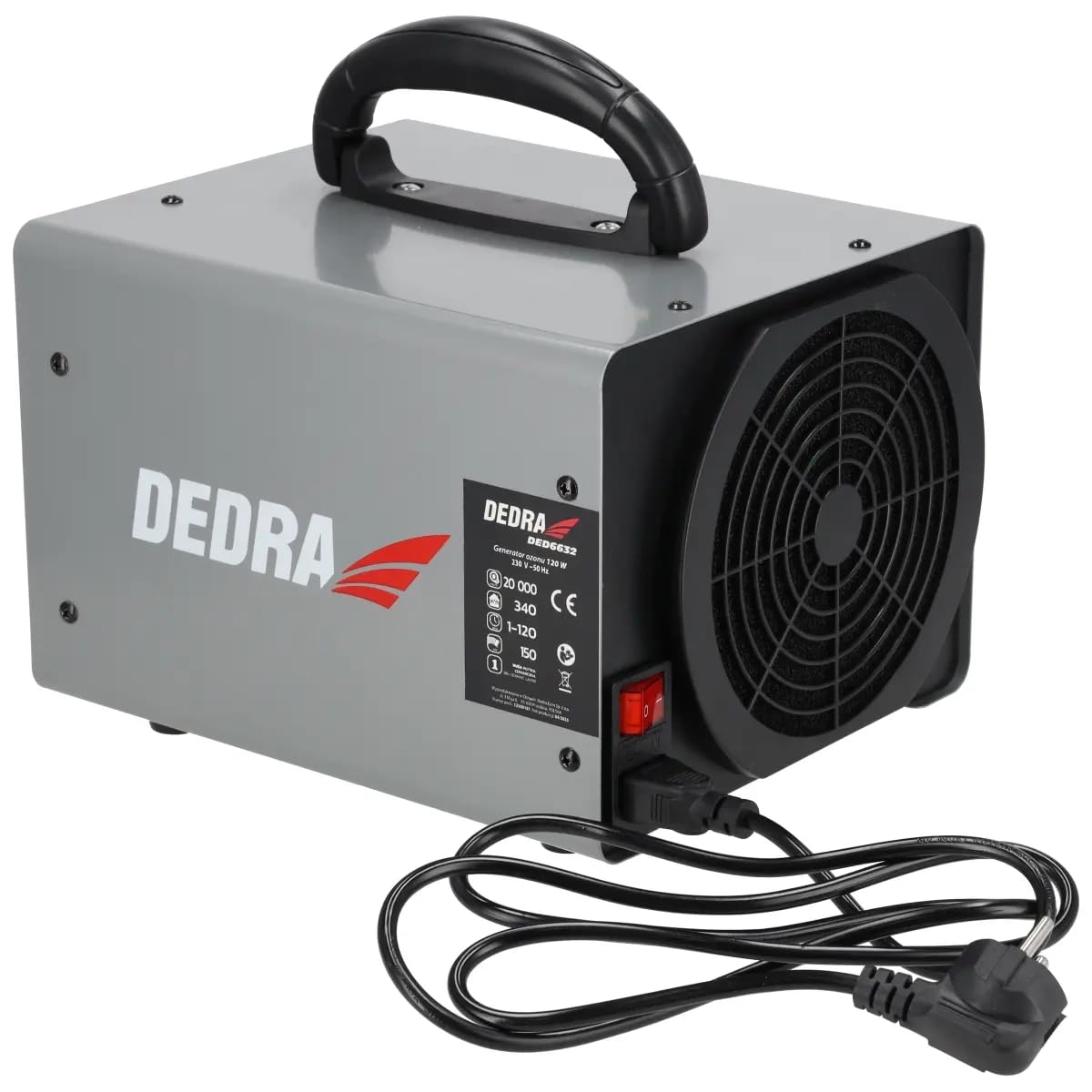 DEDRA DED6632 Générateur d'ozone 20 g/h Désinfection Ventilateur intégré Tuyau flexible Minuterie automatique