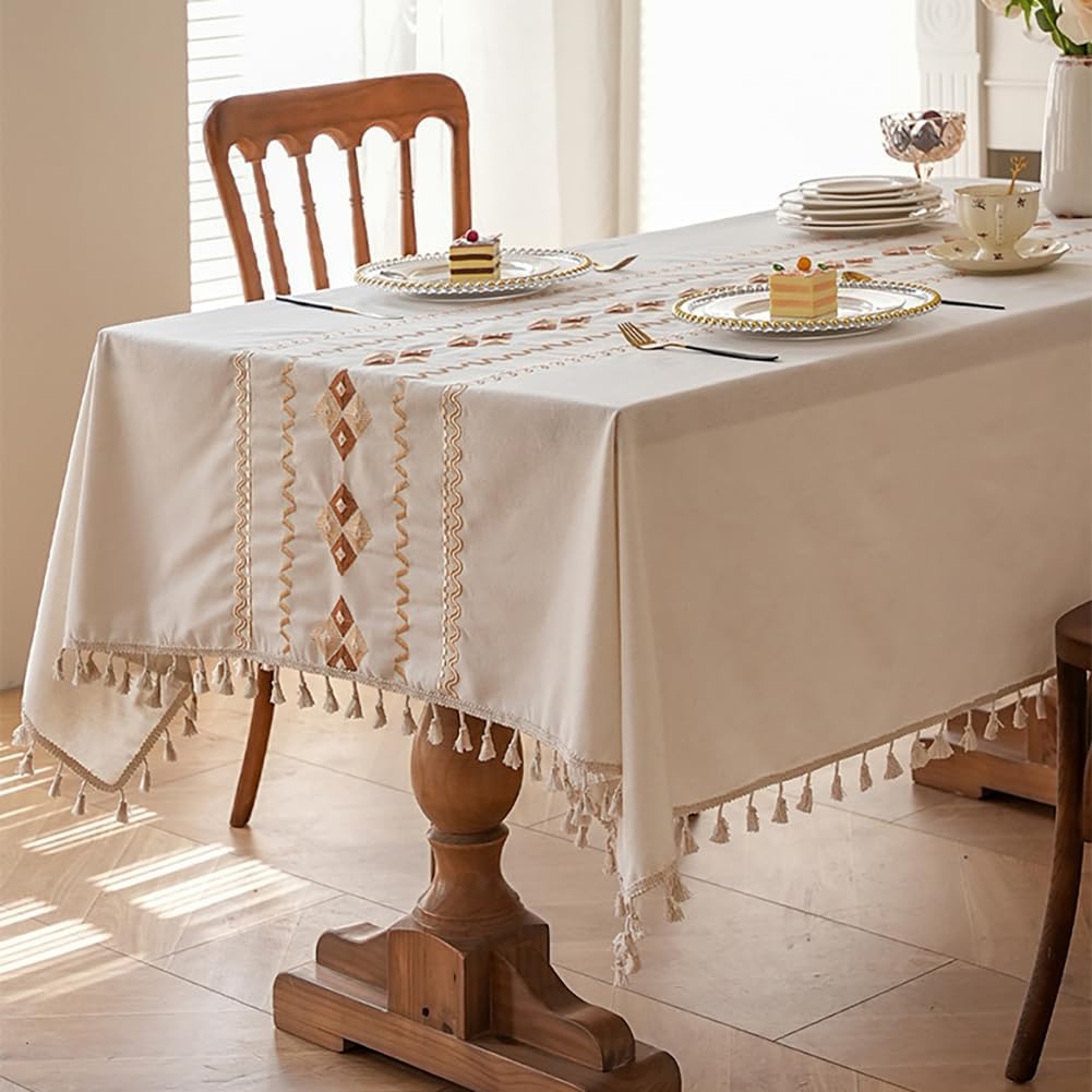 vctops Square Tablecloth with Tassels Boho Geometric Embroidery Table Cover Wrinkle Resistant Waterproof Table Cloth Cover for Dining Kitchen Party Wedding Decor (Brown,59"x59")
