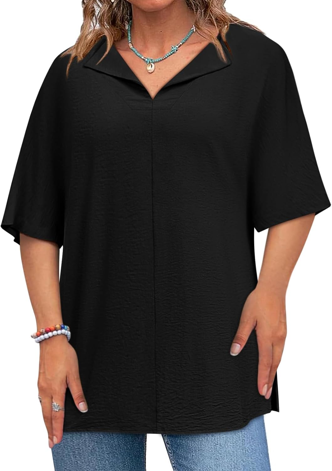 Lueluoye Womens Plus Size Tops Short Sleeve V Neck Tee Blouse Summer Loose Fit Casual Tunic Top XL-5XL - Image 3