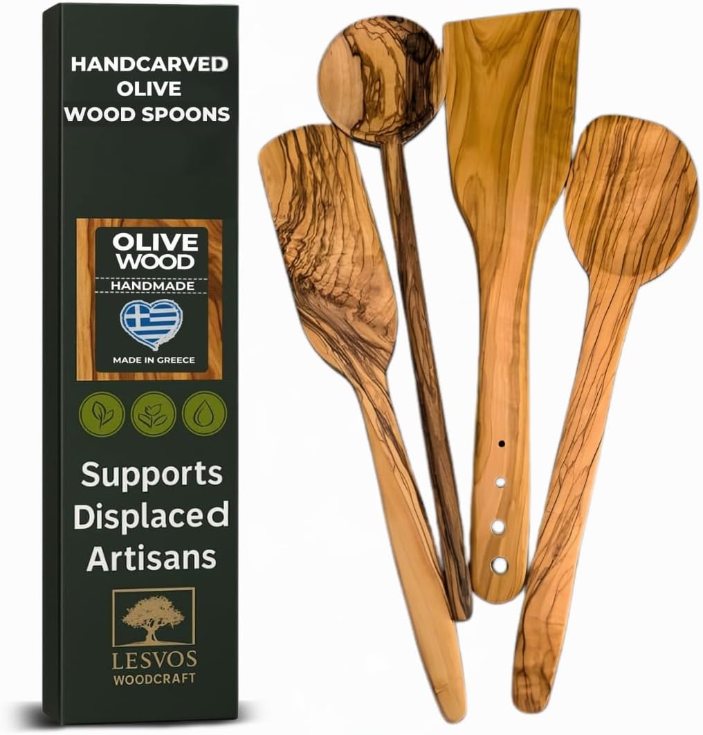 LESVOS WOODCRAFT - Handmade Olive Wood Kitchen Utensil Set - 4-Piece Artisan Cooking and Serving Utensil Bundle, Olive Wood Utensils, Fair-Trade, Handcrafted, Includes 2 Greek Recipes