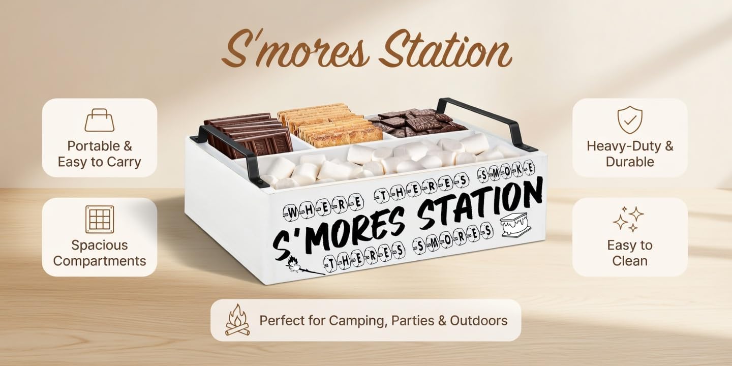 Condition photo showing As Is for smores station (white mini 11x7x3) - wooden smores caddy holder with handles - s'mores serving tray for kitchen - smores maker box for smores kit camping decor - smores accessories organizer
