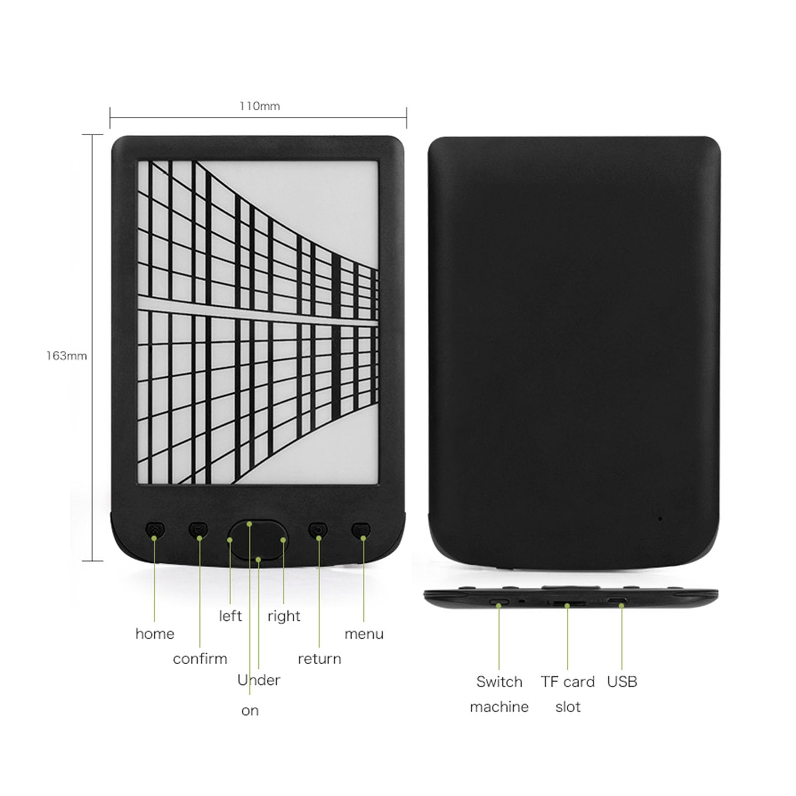 Lettore di E-book da 6 Pollici, Schermo Tattile HD Antiriflesso, Tecnologia E-Ink, ROM 8 GB, Espansione TF 32 GB