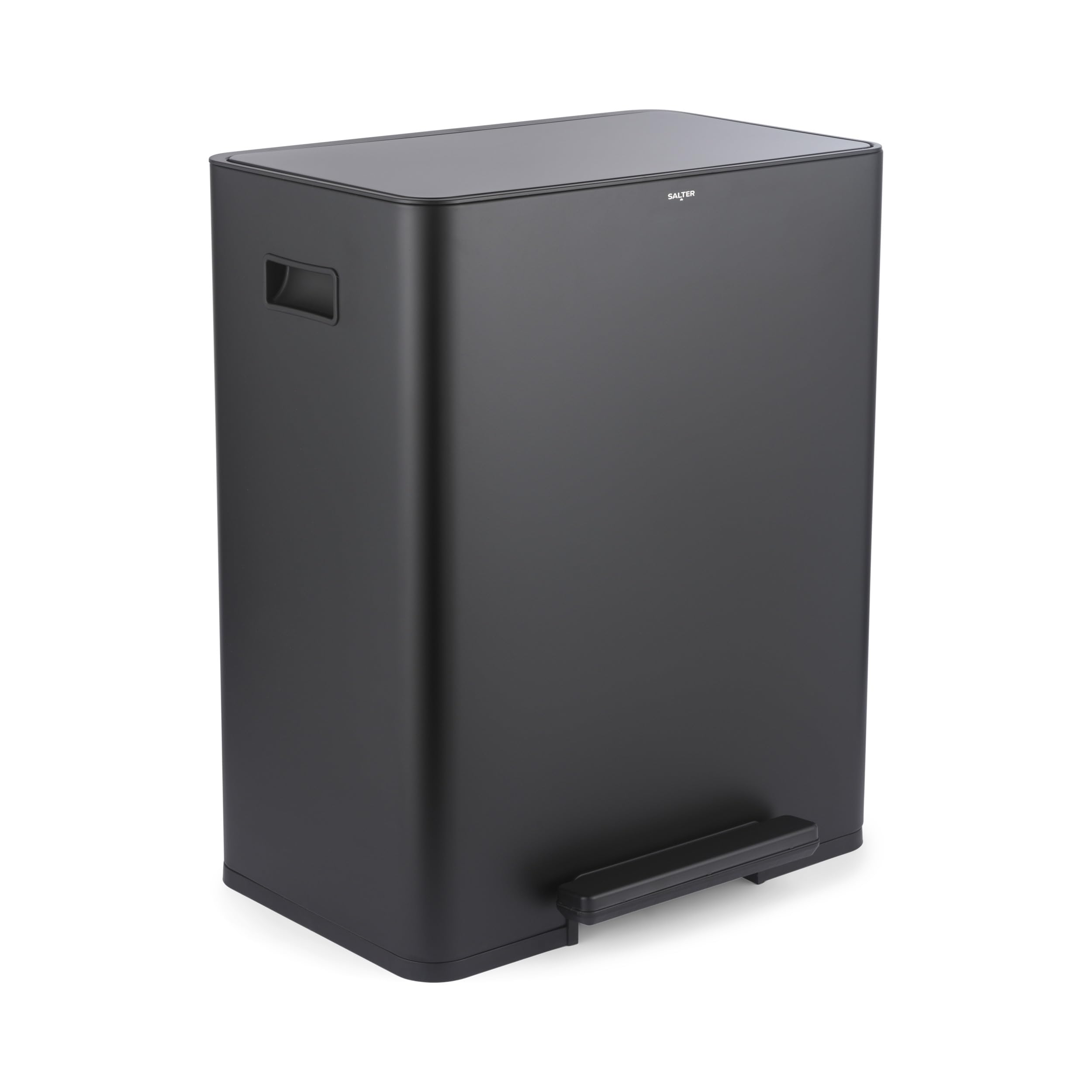 Salter Dual Recycle 60L Pedal Bin – Stainless Steel Recycling Bin with 2x 30L Inner Buckets, Carbon Filters & Holders, Locking Lid, Hands-Free Pedal & Easy-Clean Matte Black Powder-Coated Finish
