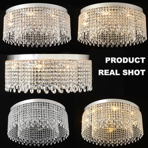 Axamate Modern Crystal Ceiling Light Chandelier 31.5in Raindrop Crystal Chandelier Large Flush Mount Light Fixtures for Living Room Dining Room Bedroom Chrome by Axamate - Image 8