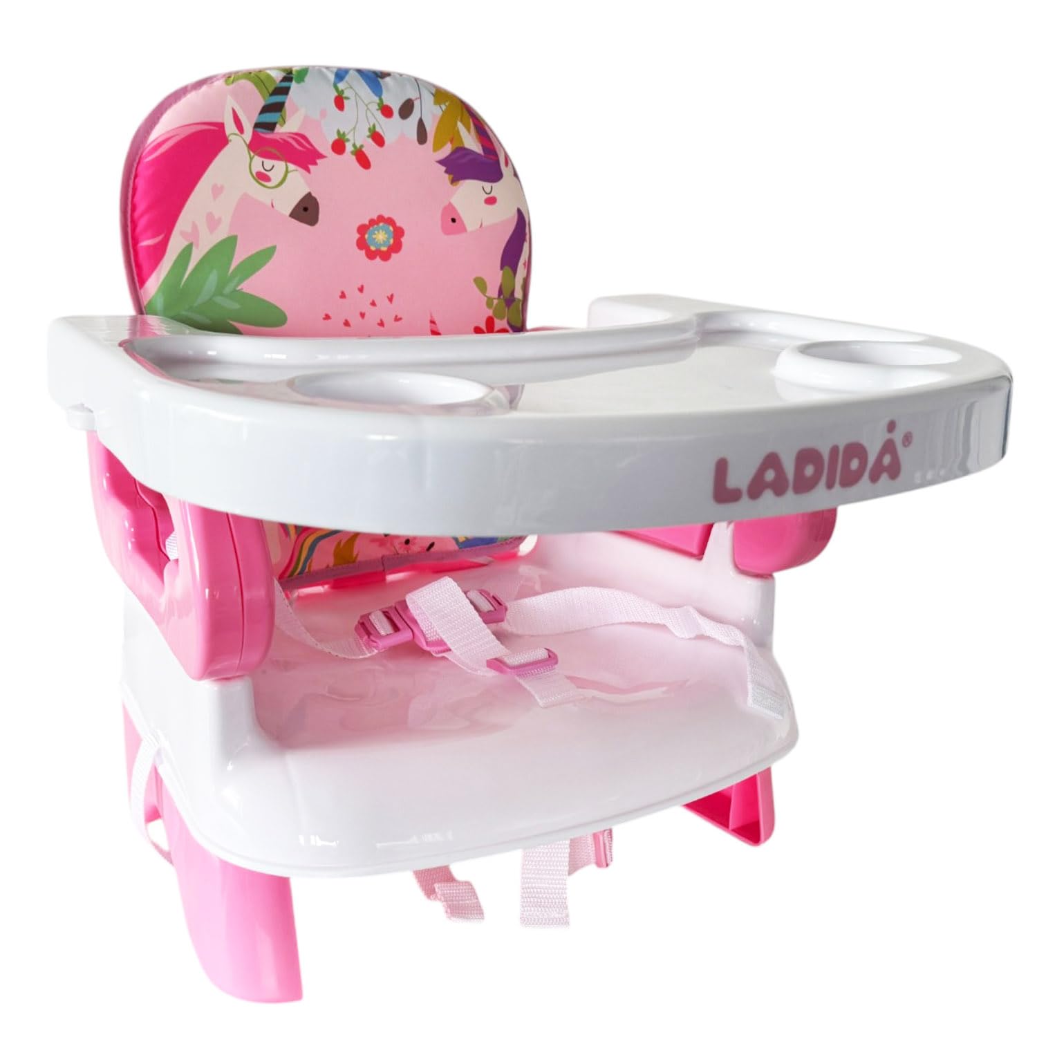 LADIDA Baby Booster Seat and High Chair, Easy to Fold and Transport, Adorable Pink Unicorn Design