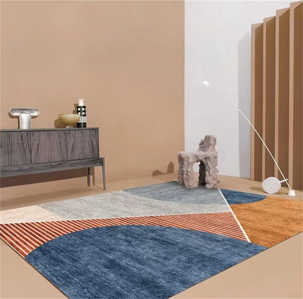 Tapis lavable à motif géométrique bleu 200x300 cm à poil court et fin