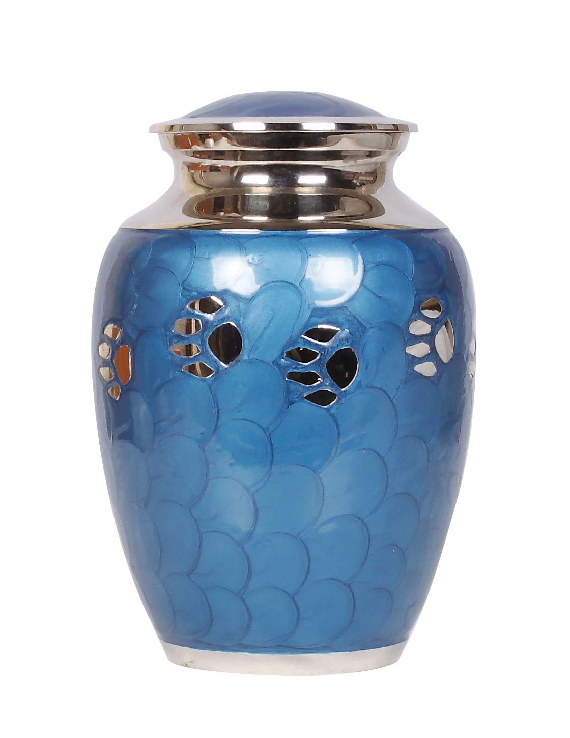 Pet Cremation Urn for Ashes with Paw Print Memorial Design, Solid Brass Handcrafted Vessel, Secure Top Lid, Keeps Remains Safe for Dogs Cats (8 Inch Blue)