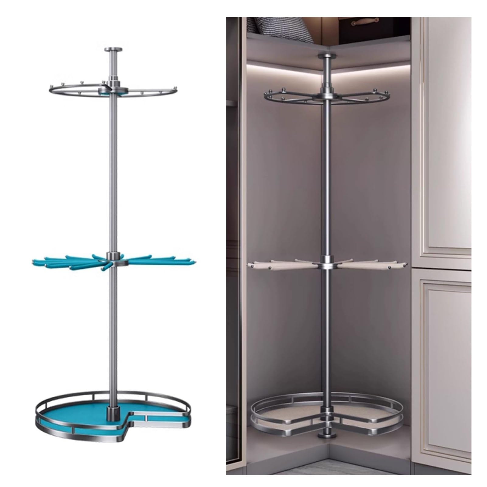 360° Rotating Round Closet Rod,Cloakroom Corner Storage Organizer,3-Tier Wardrobe Hanging,60kg Load Capacity for Bedroom Living Rooms(Blue,1900-2100mm)