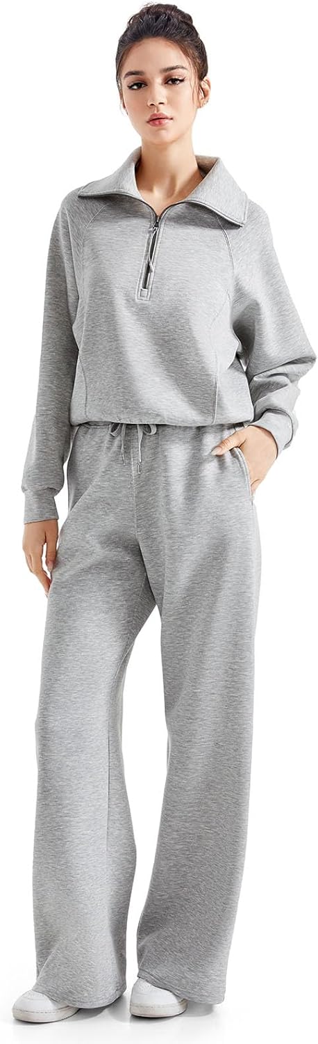 SUUKSESS Women 2 Piece Lounge Matching Set Wide Leg Sweatpant Half Zip Sweatshirt
