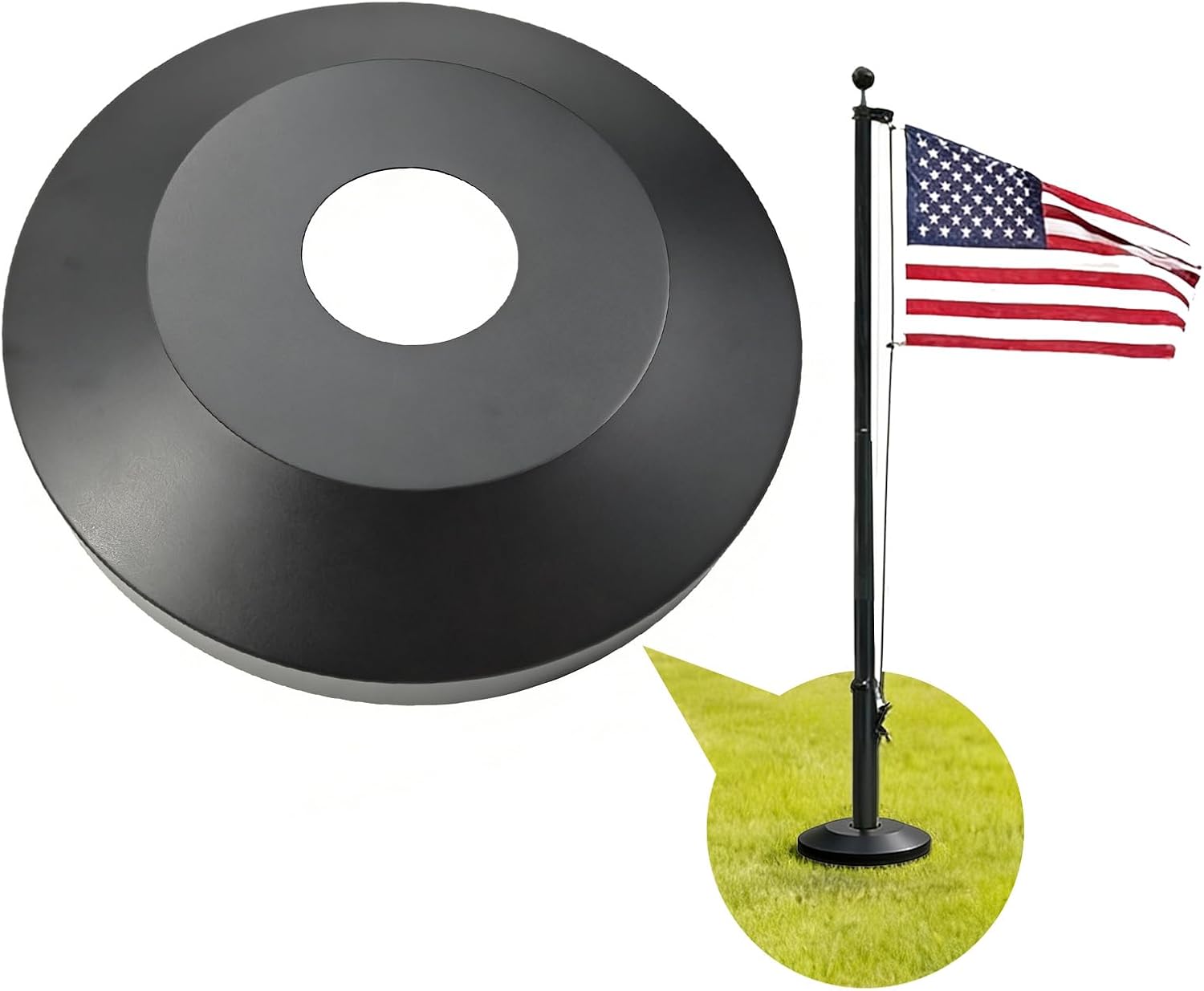 Black Flag Pole Flash Collar Base for 3" Diameter FlagPole Inground, Thick Aluminum Standard Profile Collar for Flagpole Hardware.